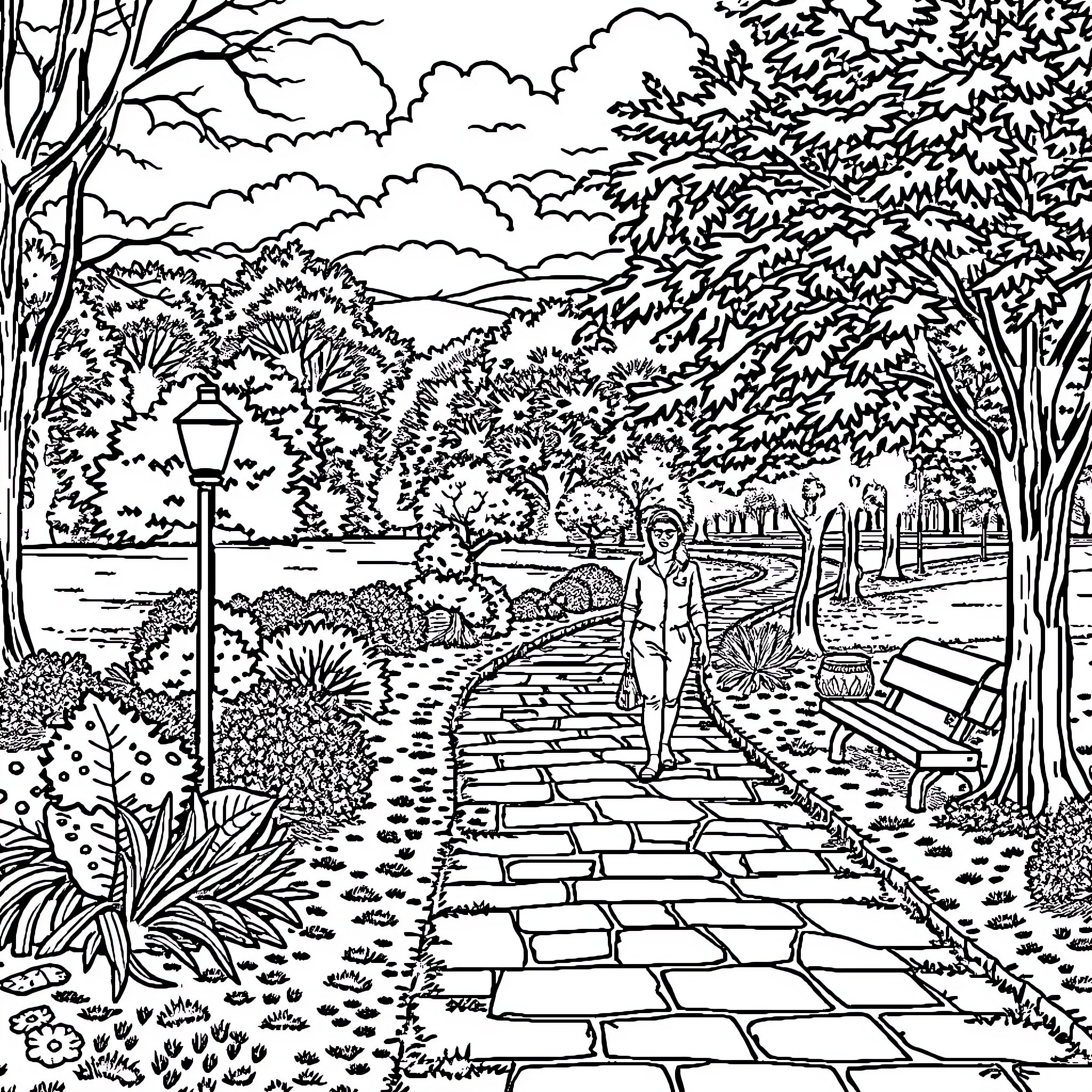 Kant's tranquil garden stroll in the park Coloring Page (free black-and-white line drawing printable PDF for all, from beginners to advanced learners, including children, teens, adults, and seniors)