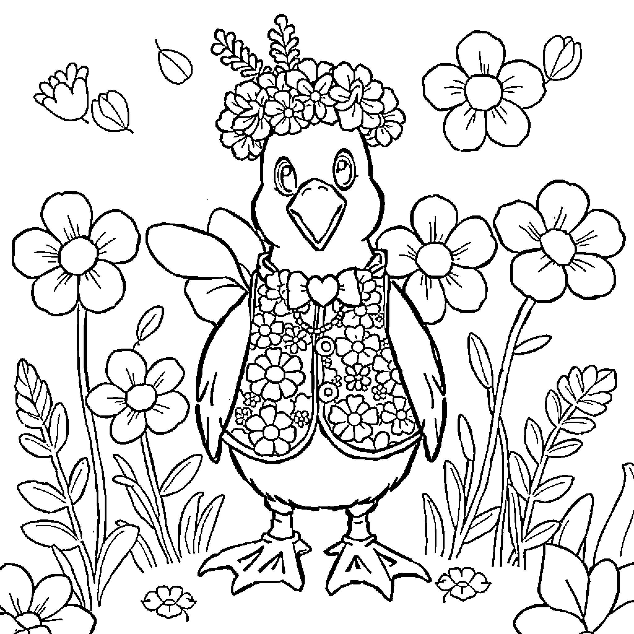 Duck enjoying the floral garden Coloring Page (free black-and-white line drawing printable PDF for all, from beginners to advanced learners, including children, teens, adults, and seniors)