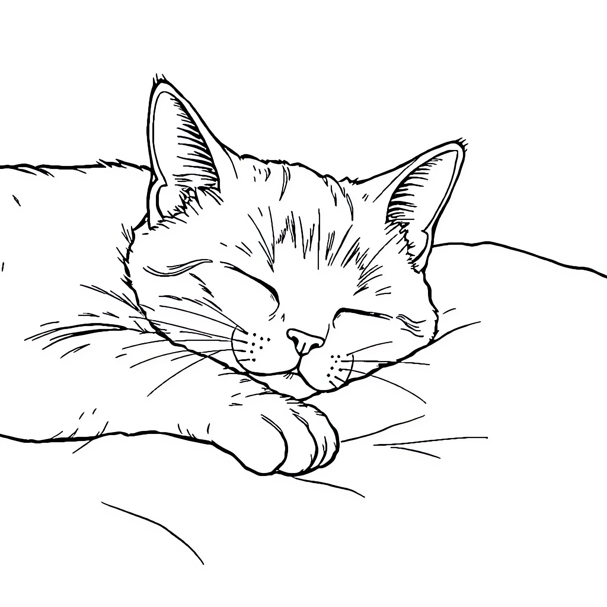 Cat napping peacefully in comfort Coloring Page (free black-and-white line drawing printable PDF for all, from beginners to advanced learners, including children, teens, adults, and seniors)