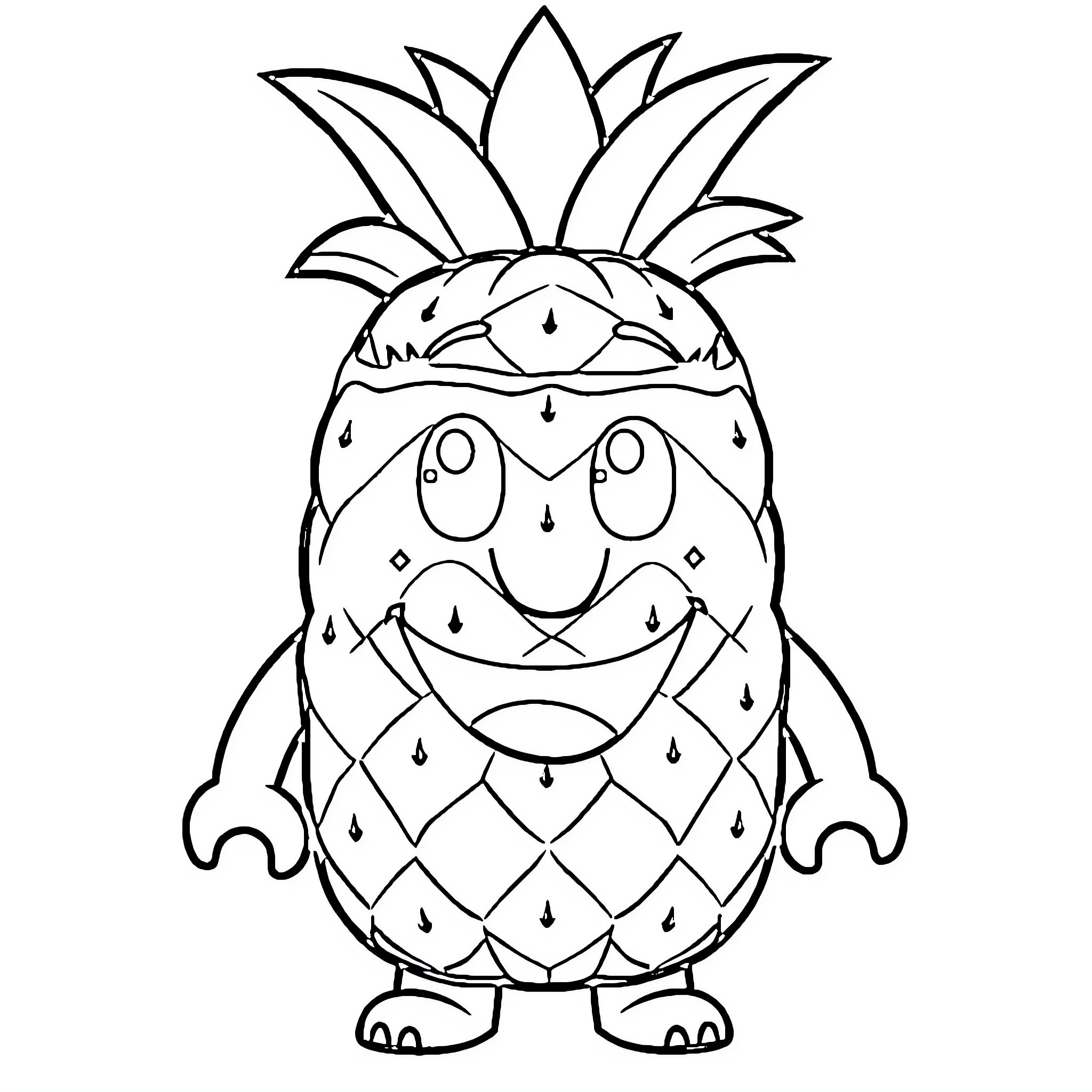 Pineapple character with a happy expression Coloring Page (free black-and-white line drawing printable PDF for all, from beginners to advanced learners, including children, teens, adults, and seniors)