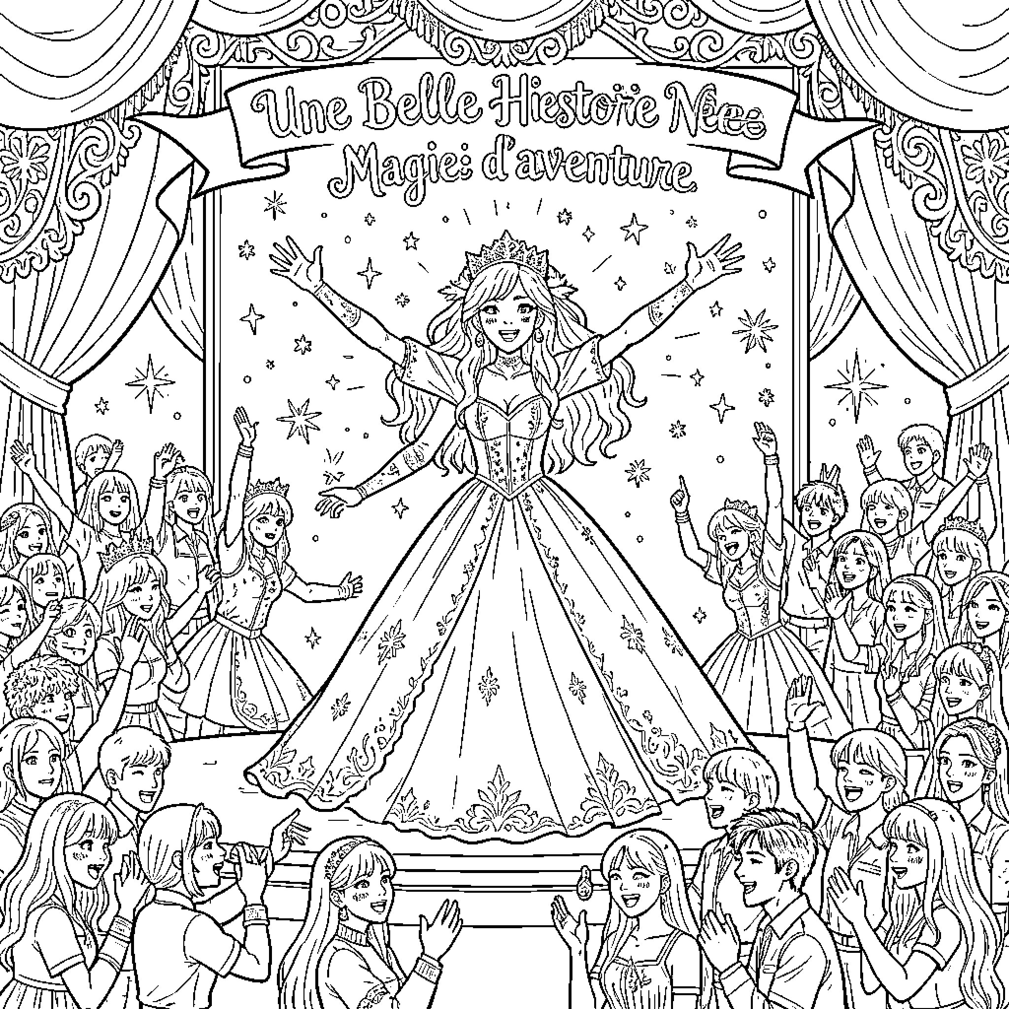 Snow Queen performing a magical dance on stage Coloring Page (free black-and-white line drawing printable PDF for all, from beginners to advanced learners, including children, teens, adults, and seniors)