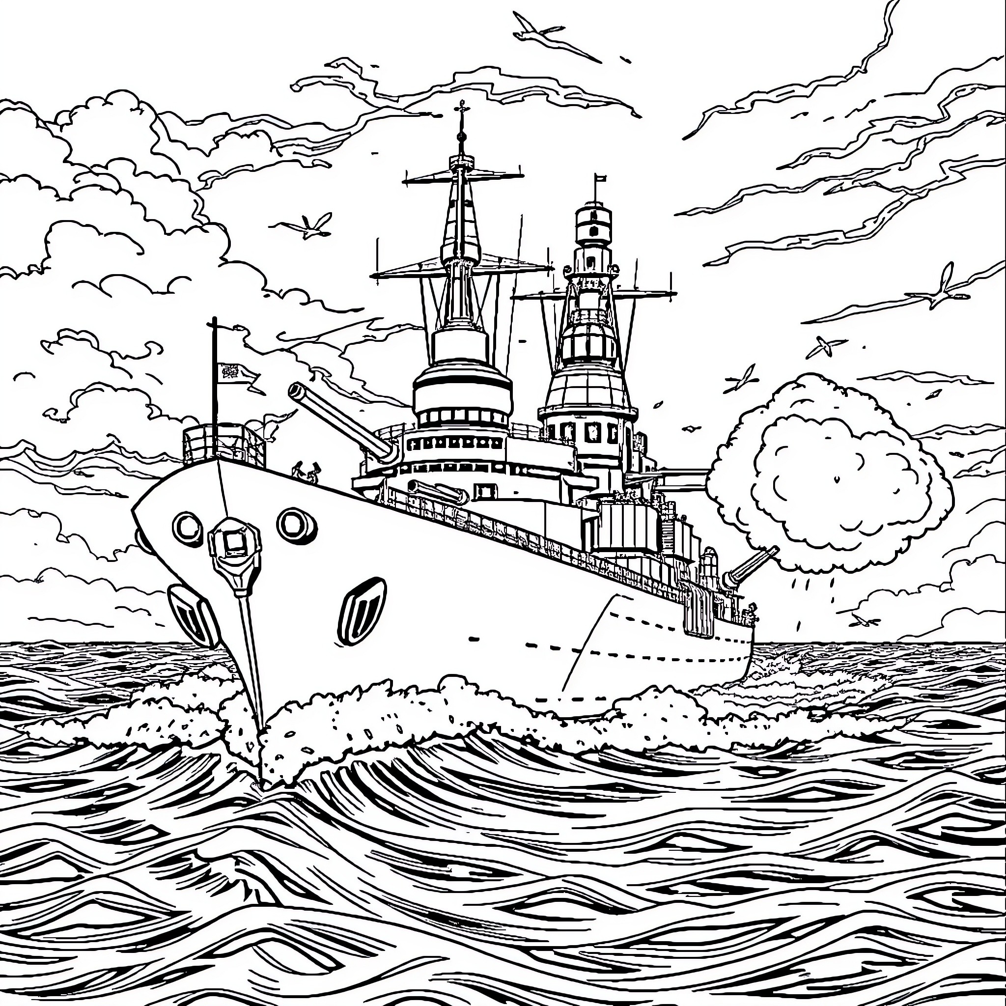 Battleship Navigating Turbulent Seas Coloring Page (free black-and-white line drawing printable PDF for all, from beginners to advanced learners, including children, teens, adults, and seniors)