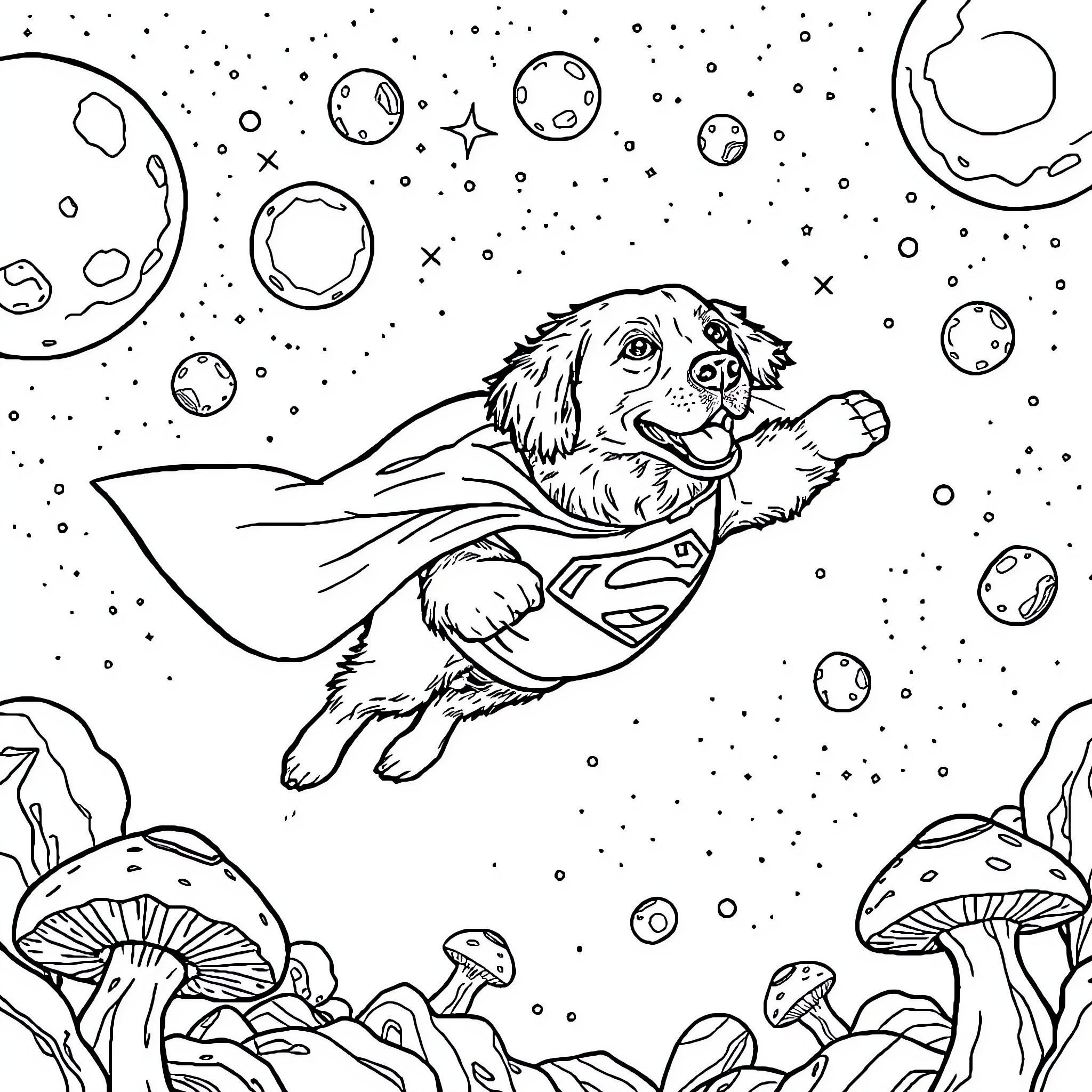 Golden Retriever as a superhero flying through space Coloring Page (free black-and-white line drawing printable PDF for all, from beginners to advanced learners, including children, teens, adults, and seniors)