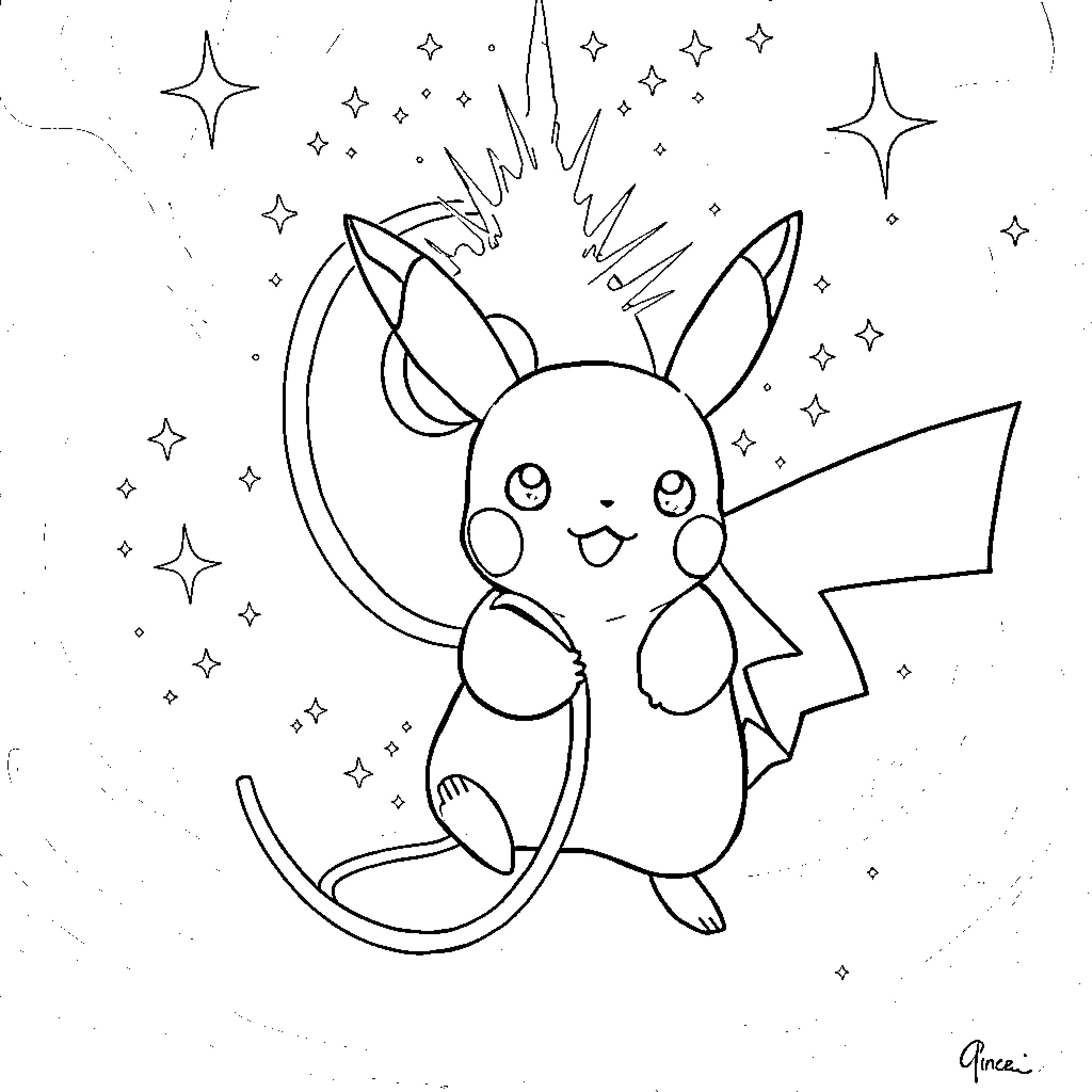 Pikachu Gleaming Among the Stars Coloring Page (free black-and-white line drawing printable PDF for all, from beginners to advanced learners, including children, teens, adults, and seniors)