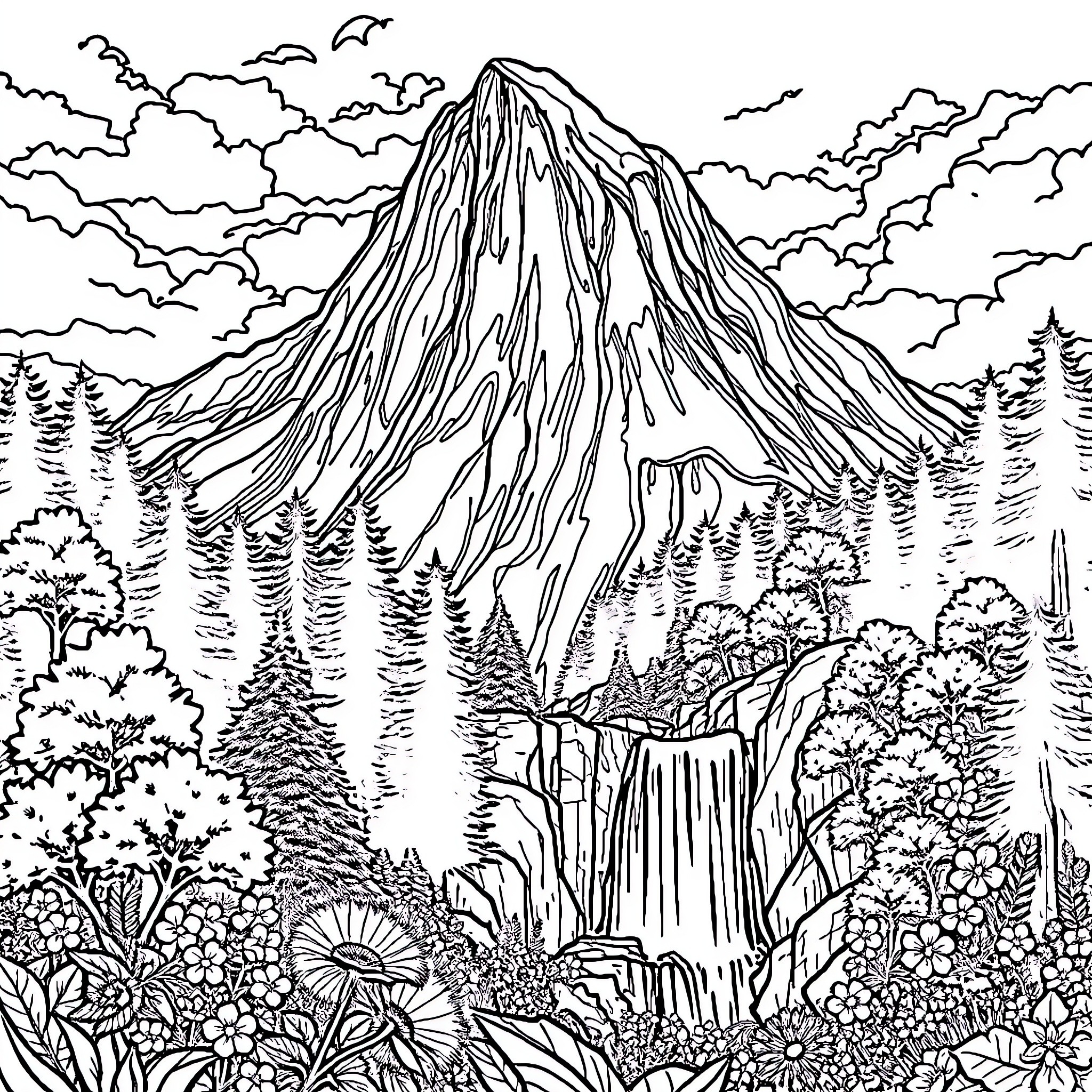 Mountain landscape with waterfall and flora Coloring Page (free black-and-white line drawing printable PDF for all, from beginners to advanced learners, including children, teens, adults, and seniors)