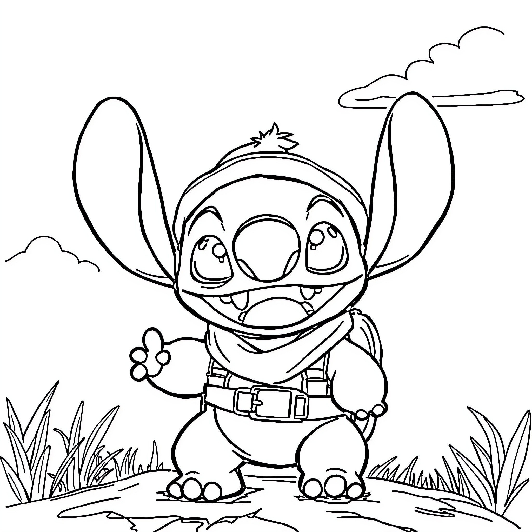 Stitch enjoying the outdoors Coloring Page (free black-and-white line drawing printable PDF for all, from beginners to advanced learners, including children, teens, adults, and seniors)