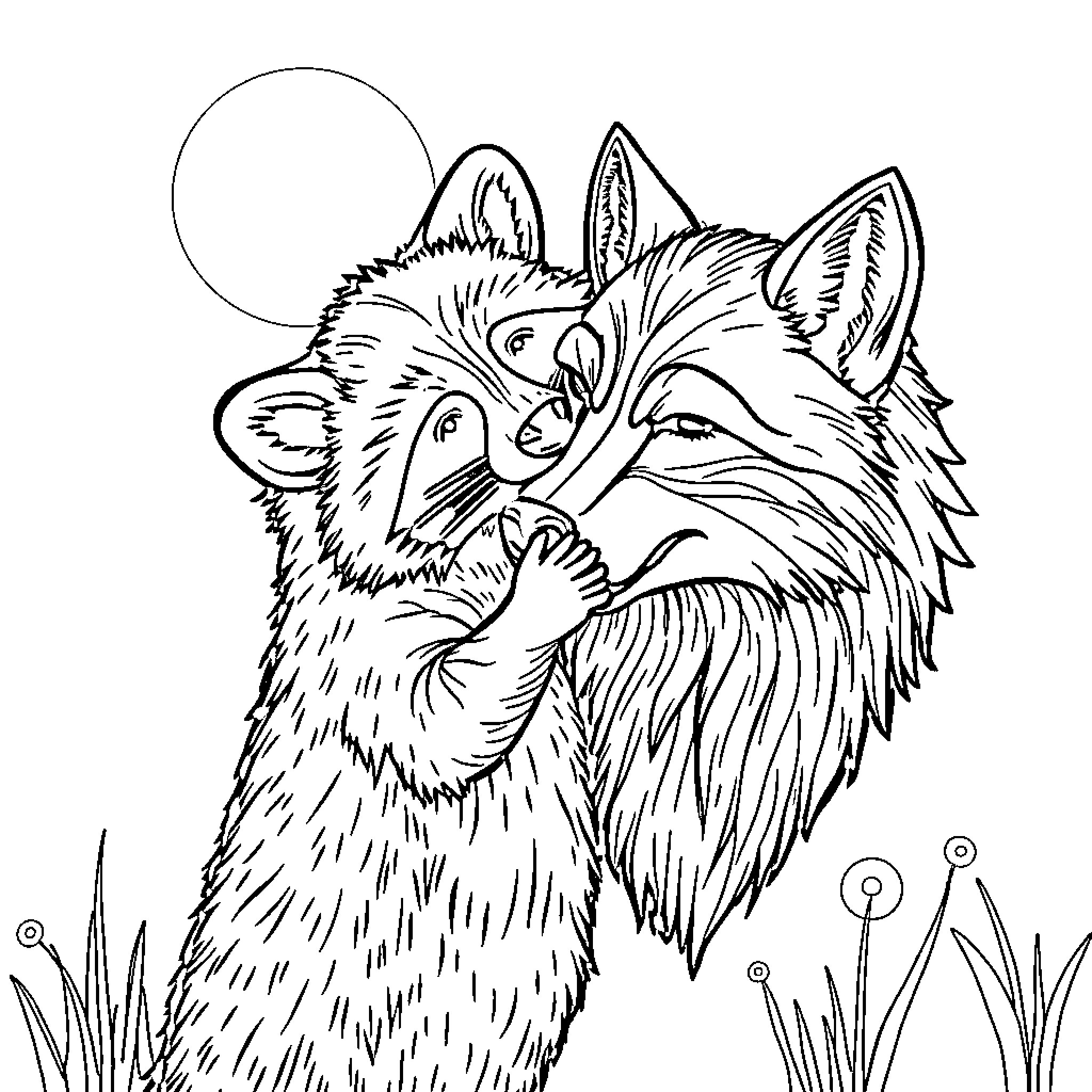 Raccoon duo in the wilderness Coloring Page (free black-and-white line drawing printable PDF for all, from beginners to advanced learners, including children, teens, adults, and seniors)