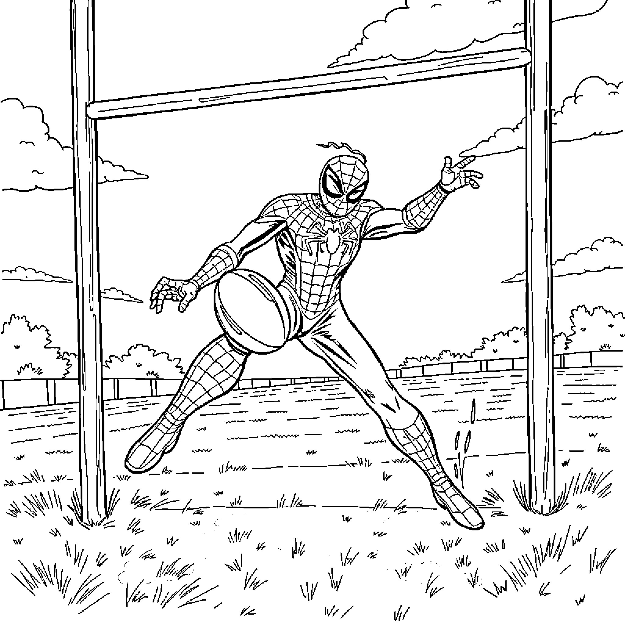 Spider-Man jumping with determination in an outdoor scene Coloring Page (free black-and-white line drawing printable PDF for all, from beginners to advanced learners, including children, teens, adults, and seniors)