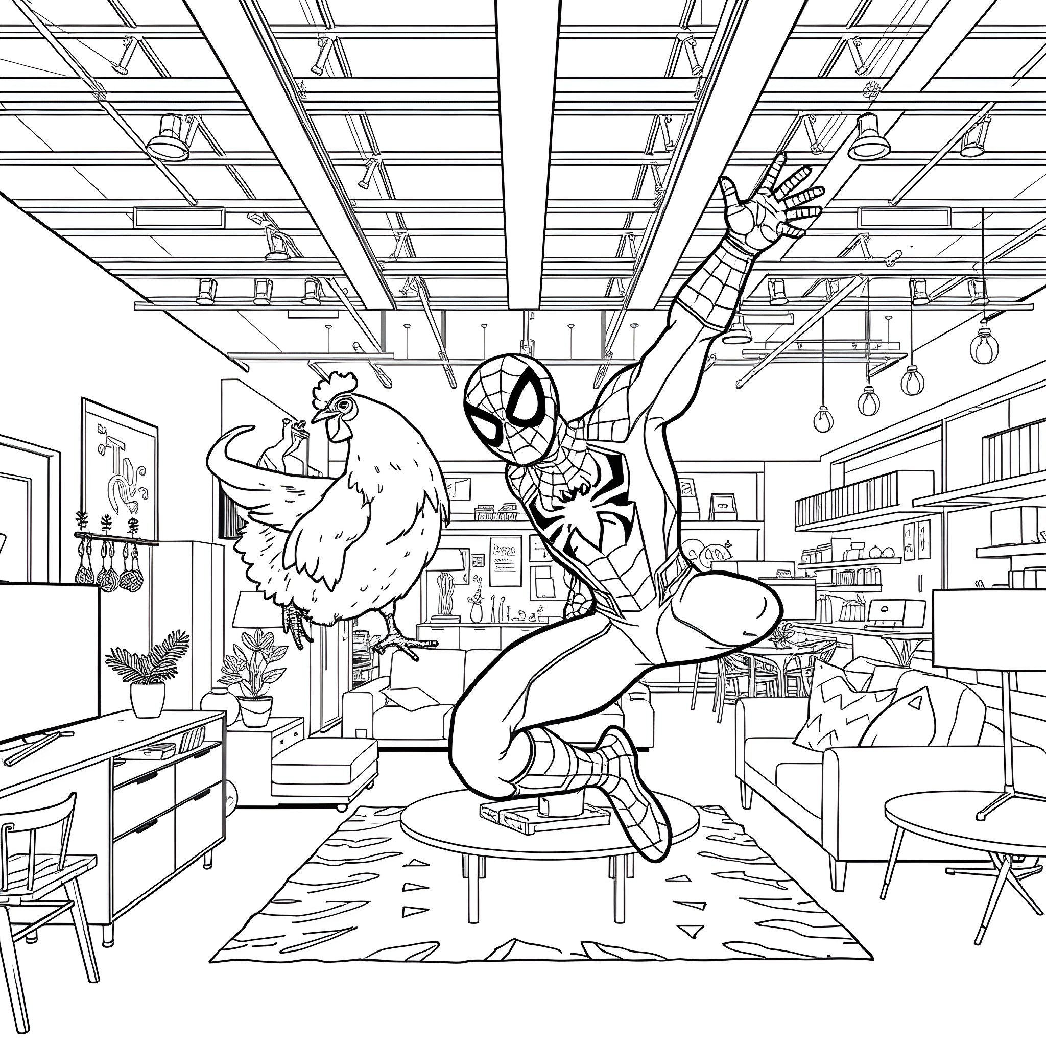 Spider-Man swinging and posing in a cozy living room Coloring Page (free black-and-white line drawing printable PDF for all, from beginners to advanced learners, including children, teens, adults, and seniors)