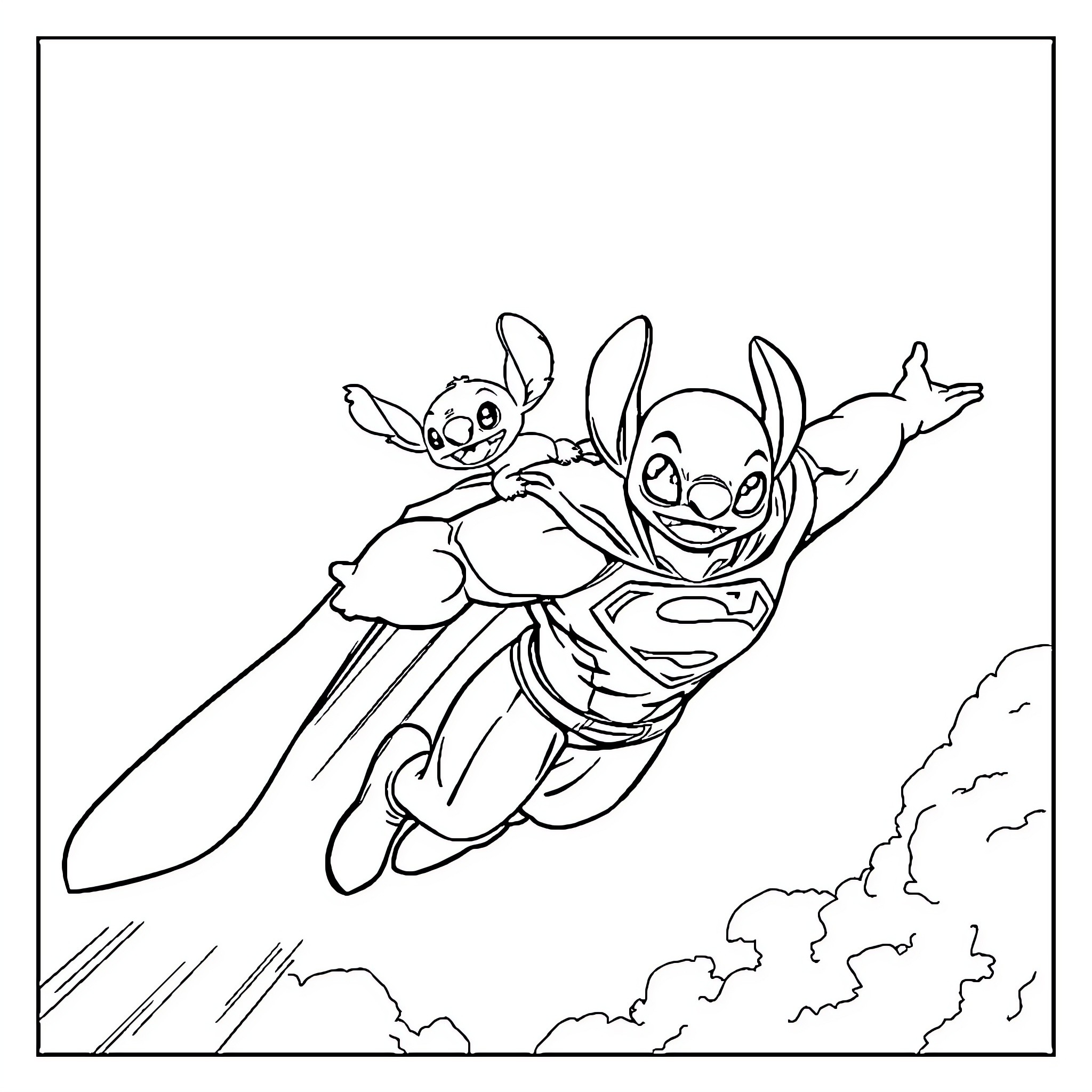 Superman Stitch flying through the sky Coloring Page (free black-and-white line drawing printable PDF for all, from beginners to advanced learners, including children, teens, adults, and seniors)