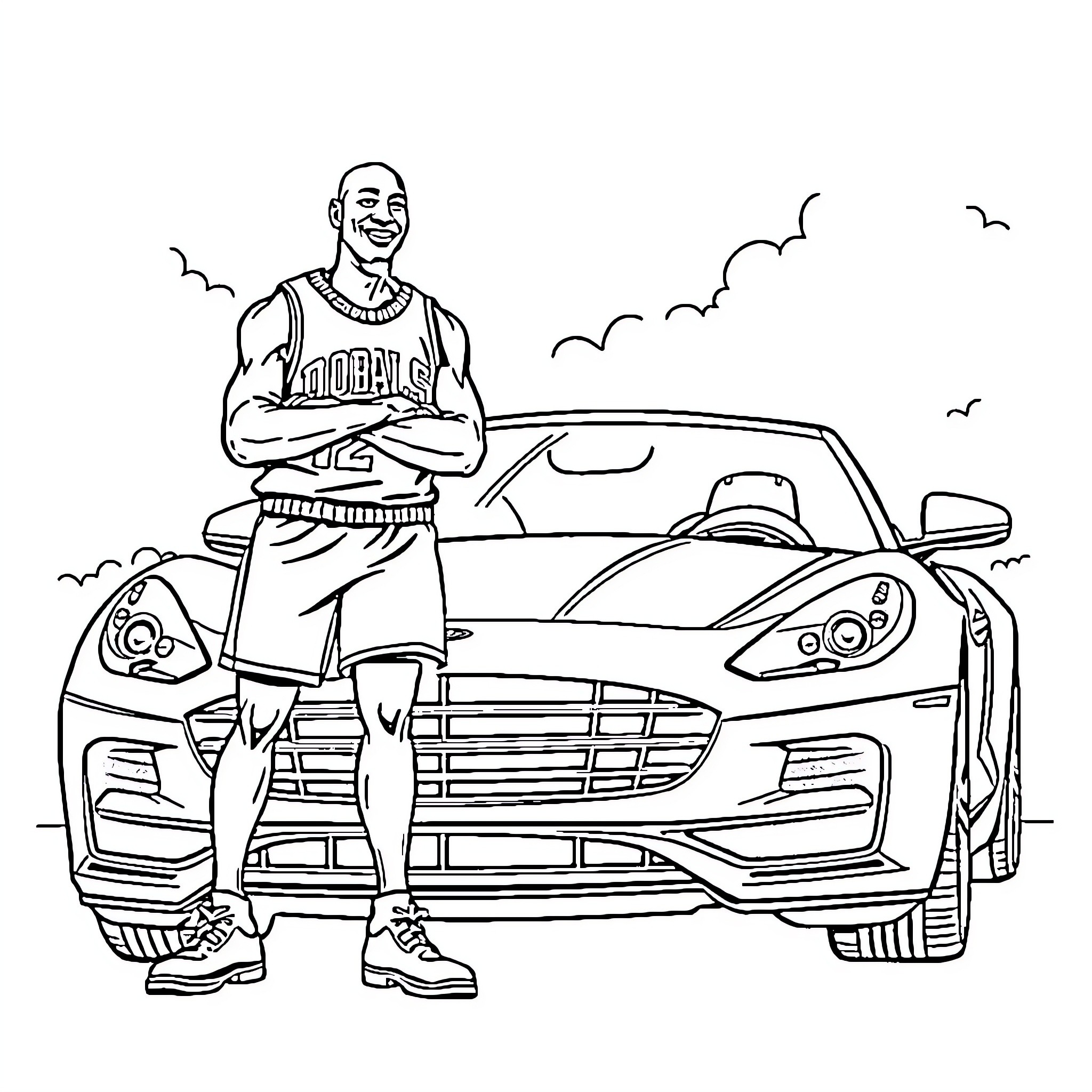 Michael Jordan posing confidently with sports car Coloring Page (free black-and-white line drawing printable PDF for all, from beginners to advanced learners, including children, teens, adults, and seniors)