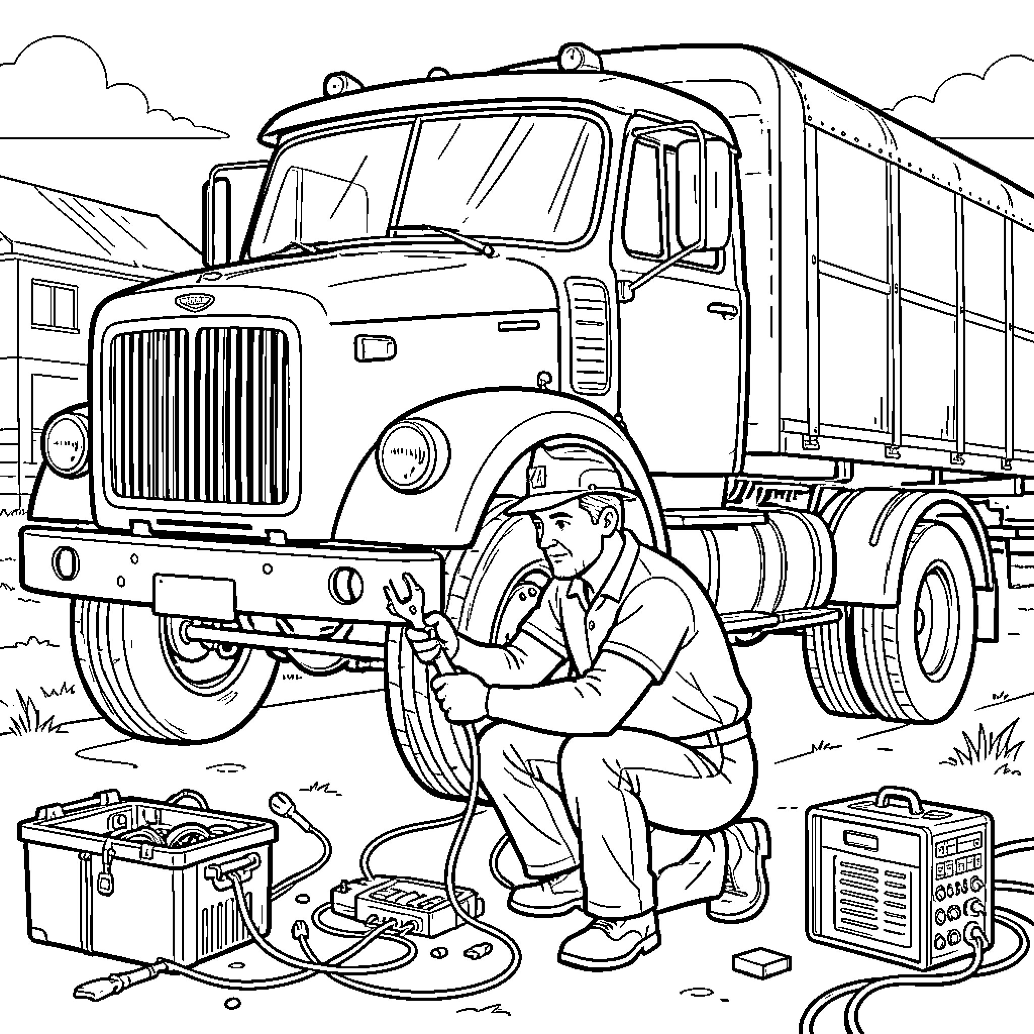 Mécanicien réparant un grand camion avec des outils Coloring Page (free black-and-white line drawing printable PDF for all, from beginners to advanced learners, including children, teens, adults, and seniors)