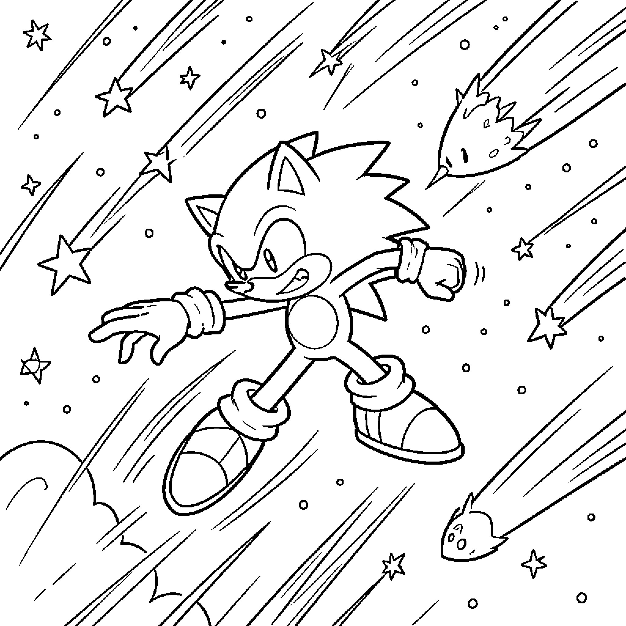 Sonic dashing through starry night sky Coloring Page (free black-and-white line drawing printable PDF for all, from beginners to advanced learners, including children, teens, adults, and seniors)