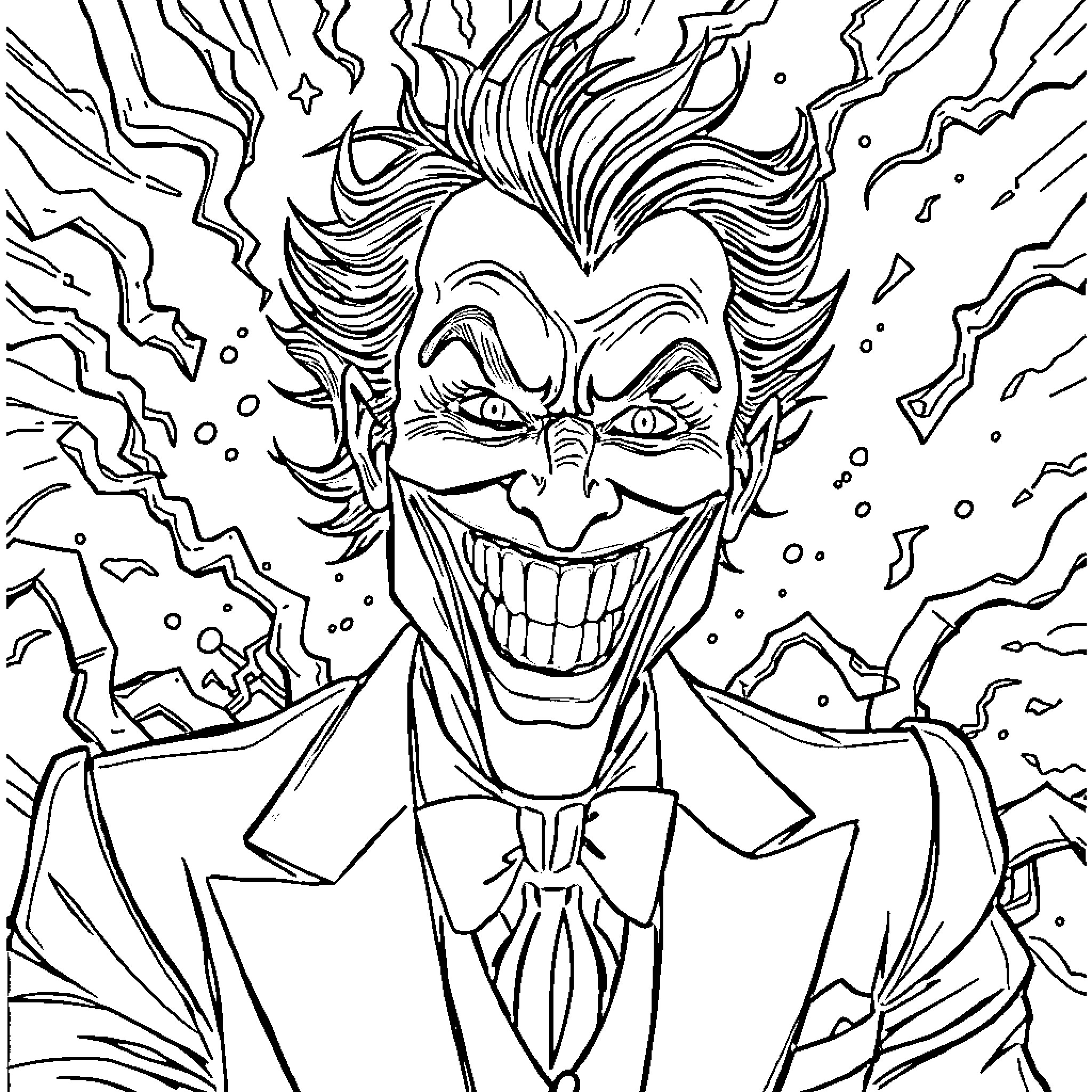 Joker's Mischievous Grin: A Sinister Celebration Coloring Page (free black-and-white line drawing printable PDF for all, from beginners to advanced learners, including children, teens, adults, and seniors)