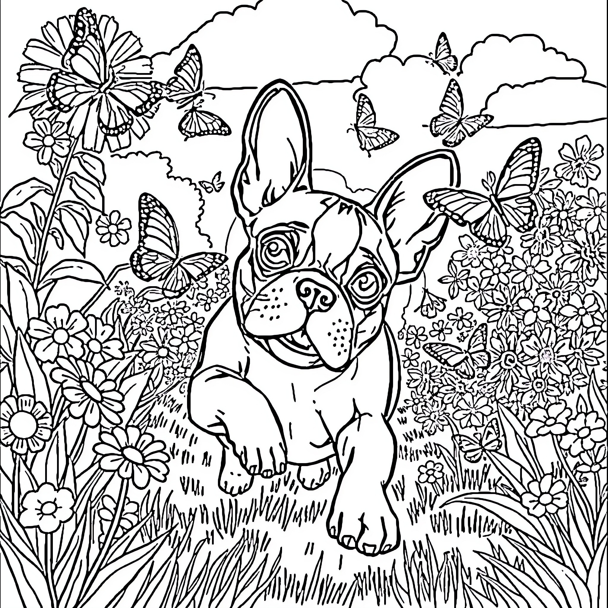 Frenchton exploring a floral wonderland Coloring Page (free black-and-white line drawing printable PDF for all, from beginners to advanced learners, including children, teens, adults, and seniors)