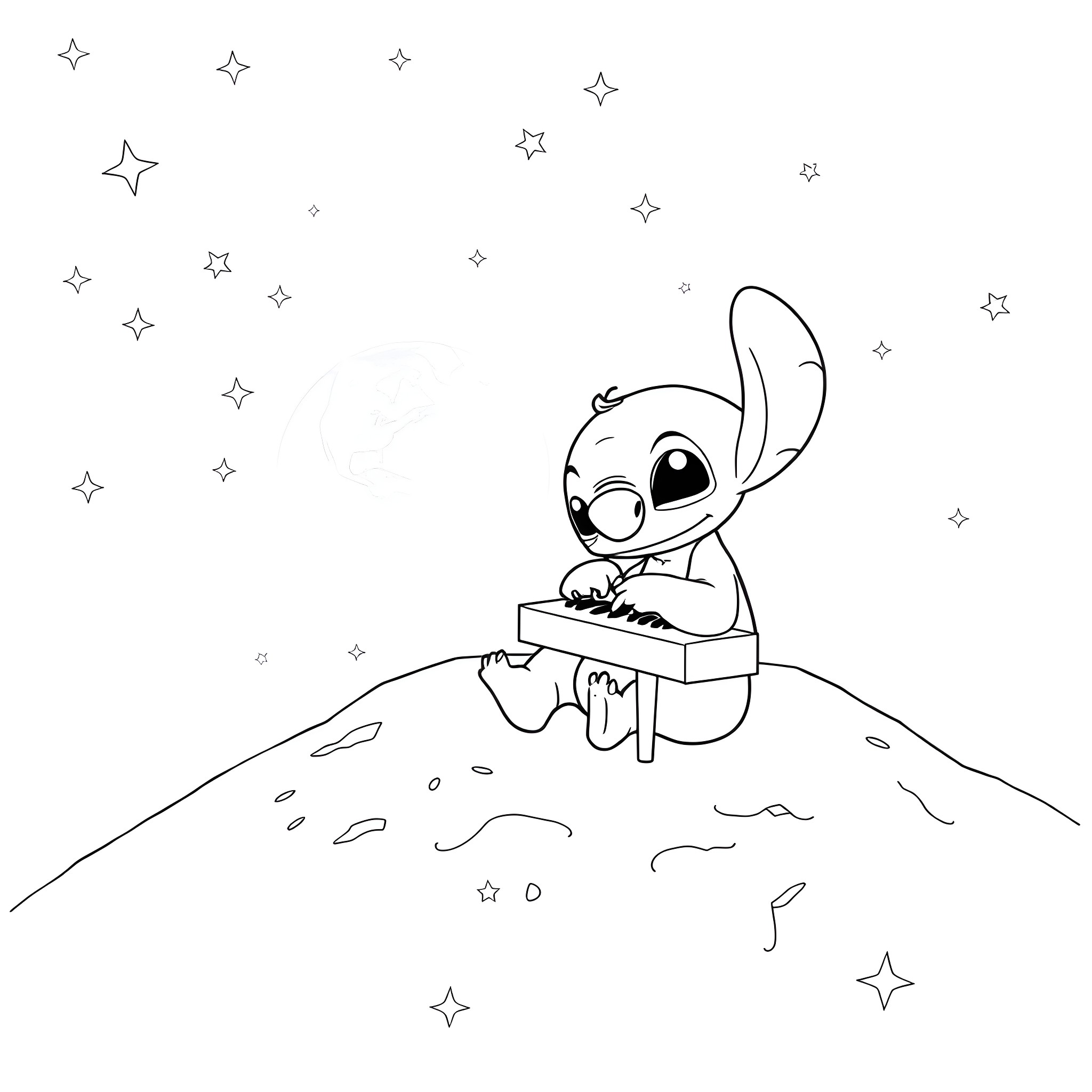 Stitch playing piano under the starry night sky Coloring Page (free black-and-white line drawing printable PDF for all, from beginners to advanced learners, including children, teens, adults, and seniors)