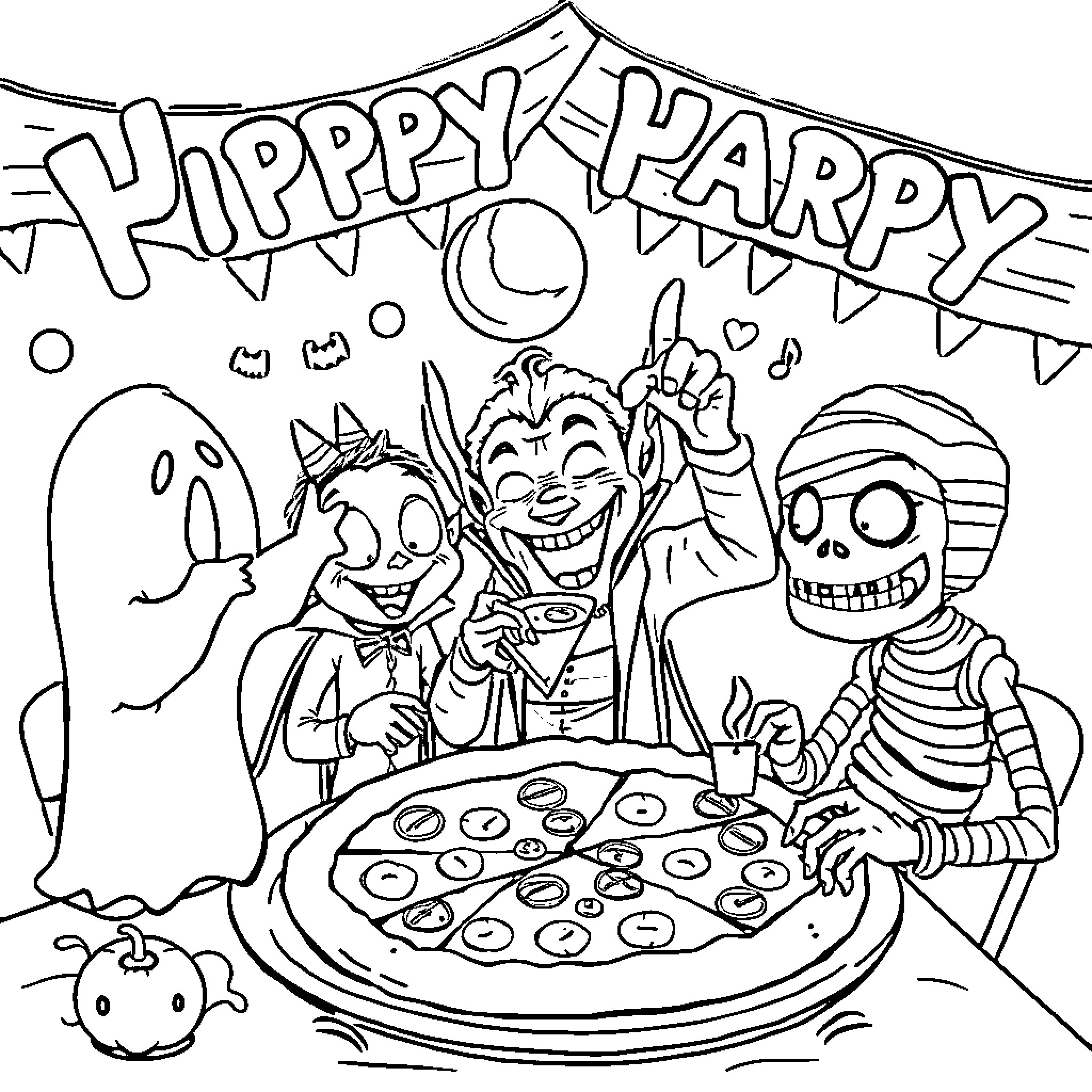 Monster Party celebrating with pizza and friends Coloring Page (free black-and-white line drawing printable PDF for all, from beginners to advanced learners, including children, teens, adults, and seniors)