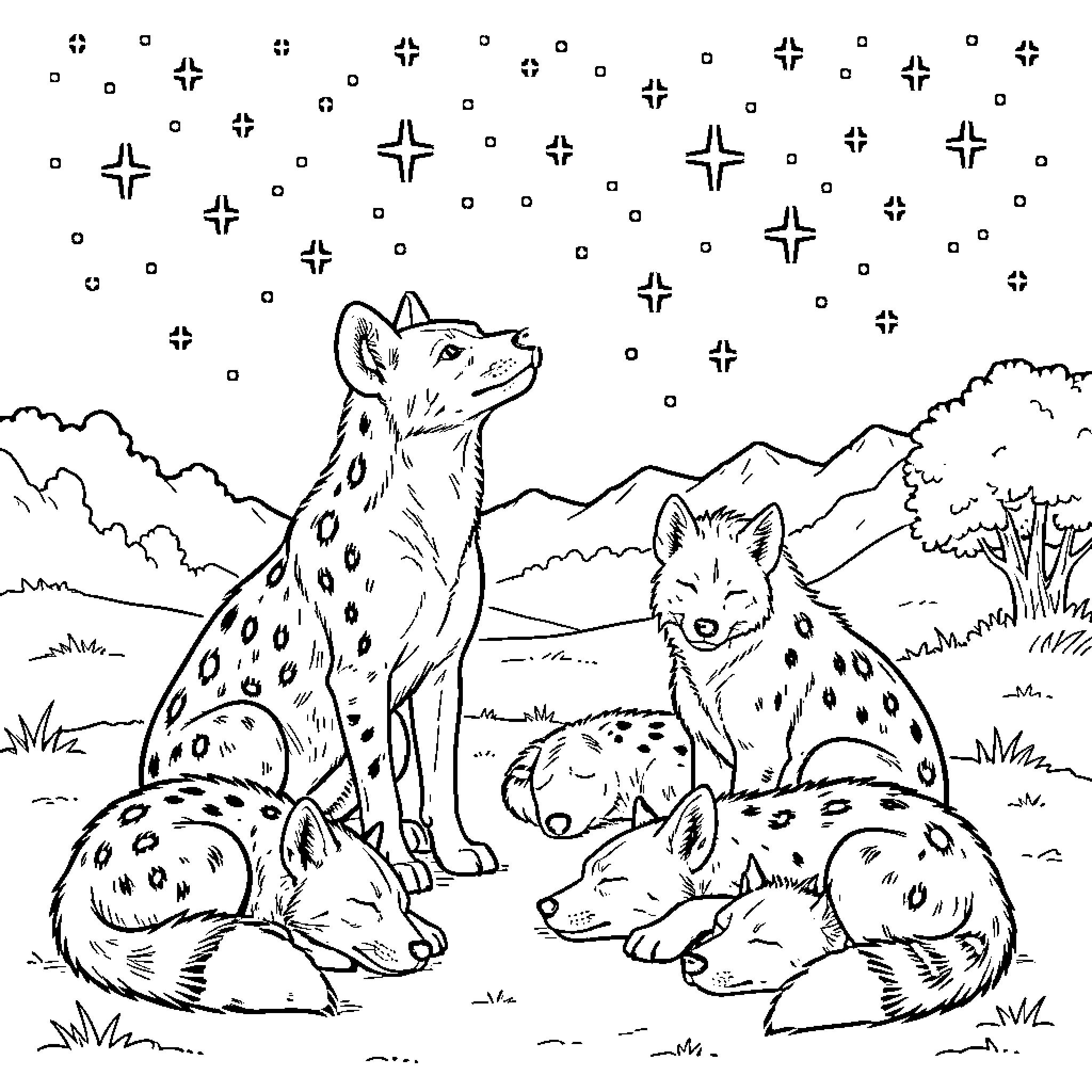 Hyena family looking up at the starry night sky Coloring Page (free black-and-white line drawing printable PDF for all, from beginners to advanced learners, including children, teens, adults, and seniors)