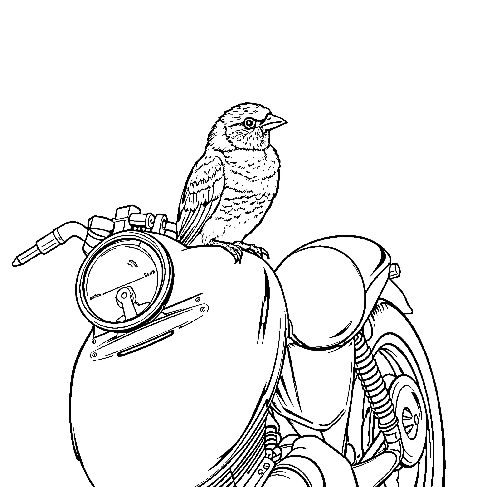 Bird perched on mechanical device Coloring Page (free black-and-white line drawing printable PDF for all, from beginners to advanced learners, including children, teens, adults, and seniors)