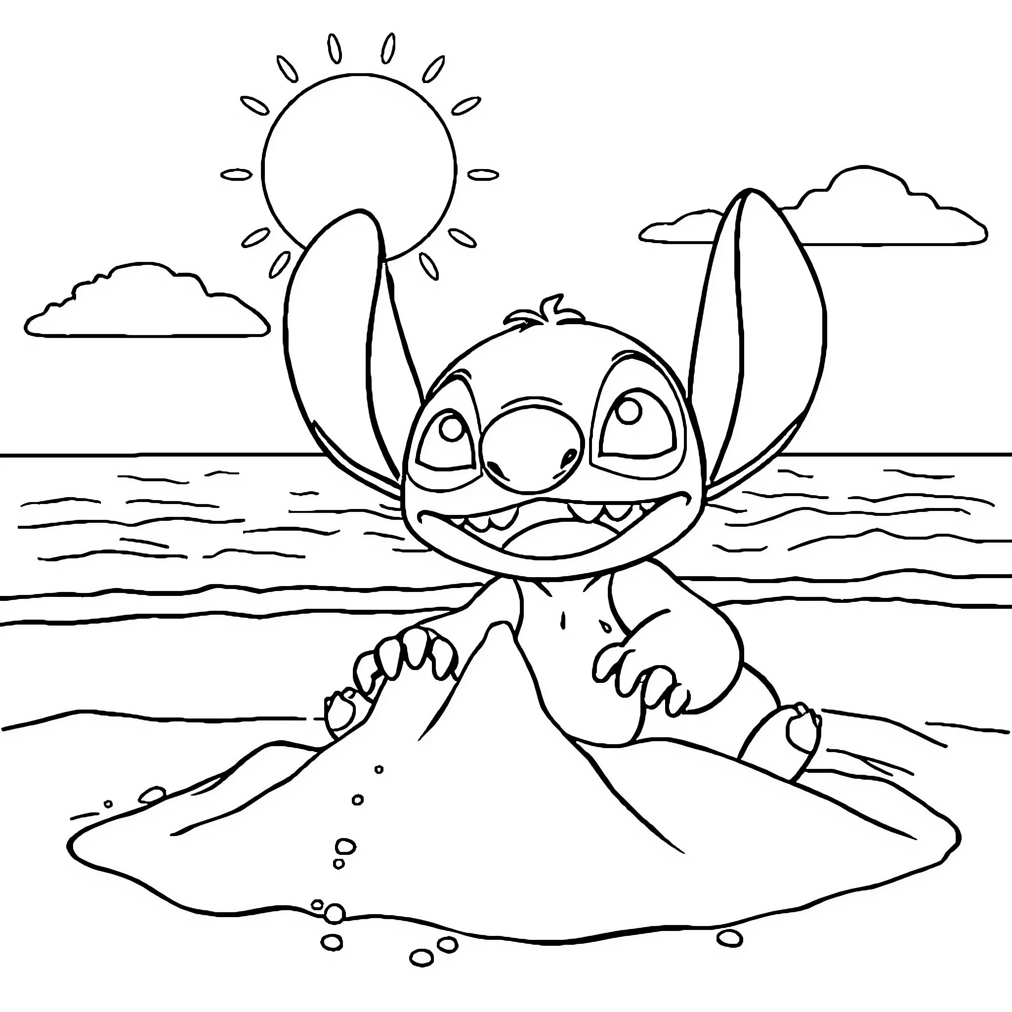 Stitch enjoys the beach and sunshine Coloring Page (free black-and-white line drawing printable PDF for all, from beginners to advanced learners, including children, teens, adults, and seniors)
