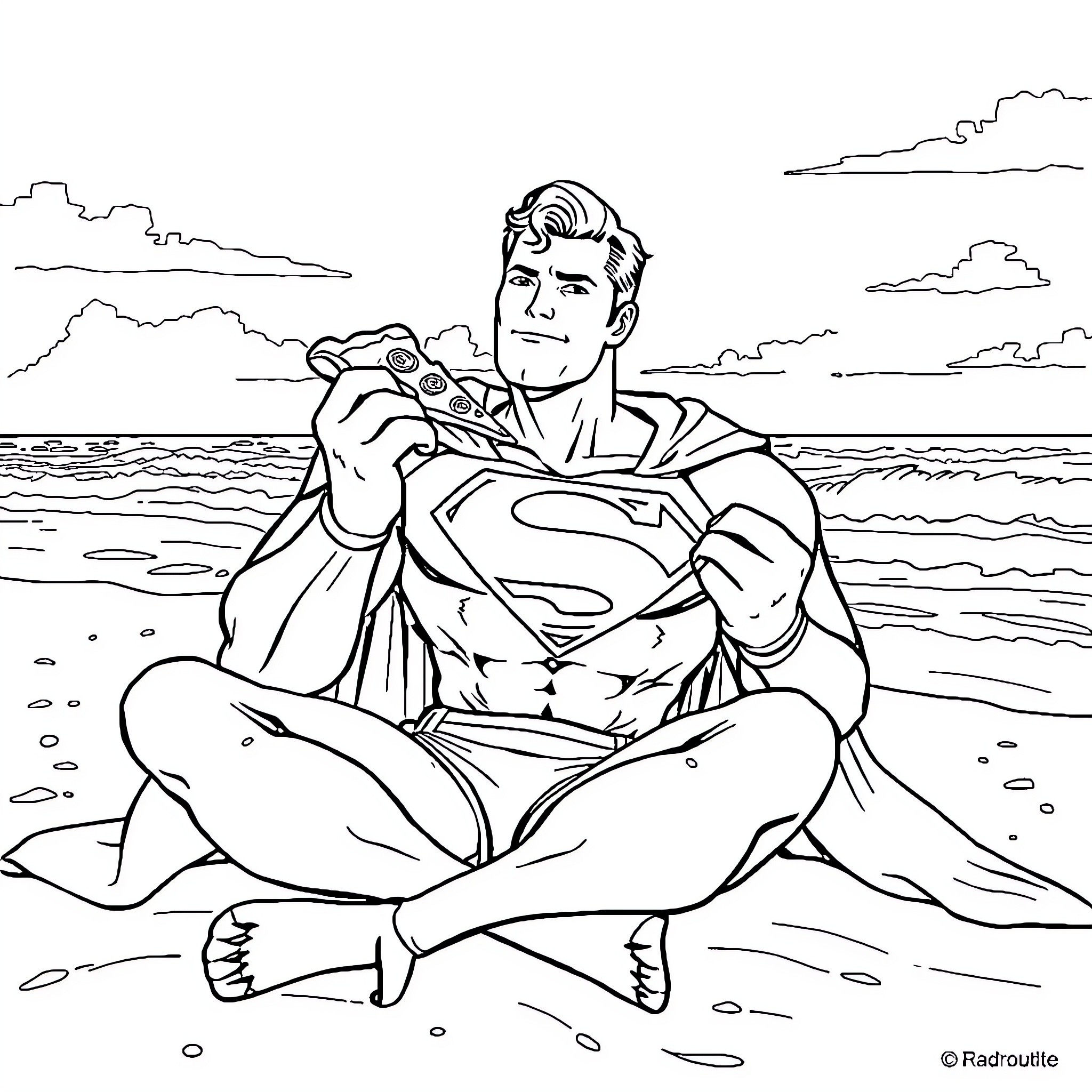 Superman relaxing on the beach Coloring Page (free black-and-white line drawing printable PDF for all, from beginners to advanced learners, including children, teens, adults, and seniors)