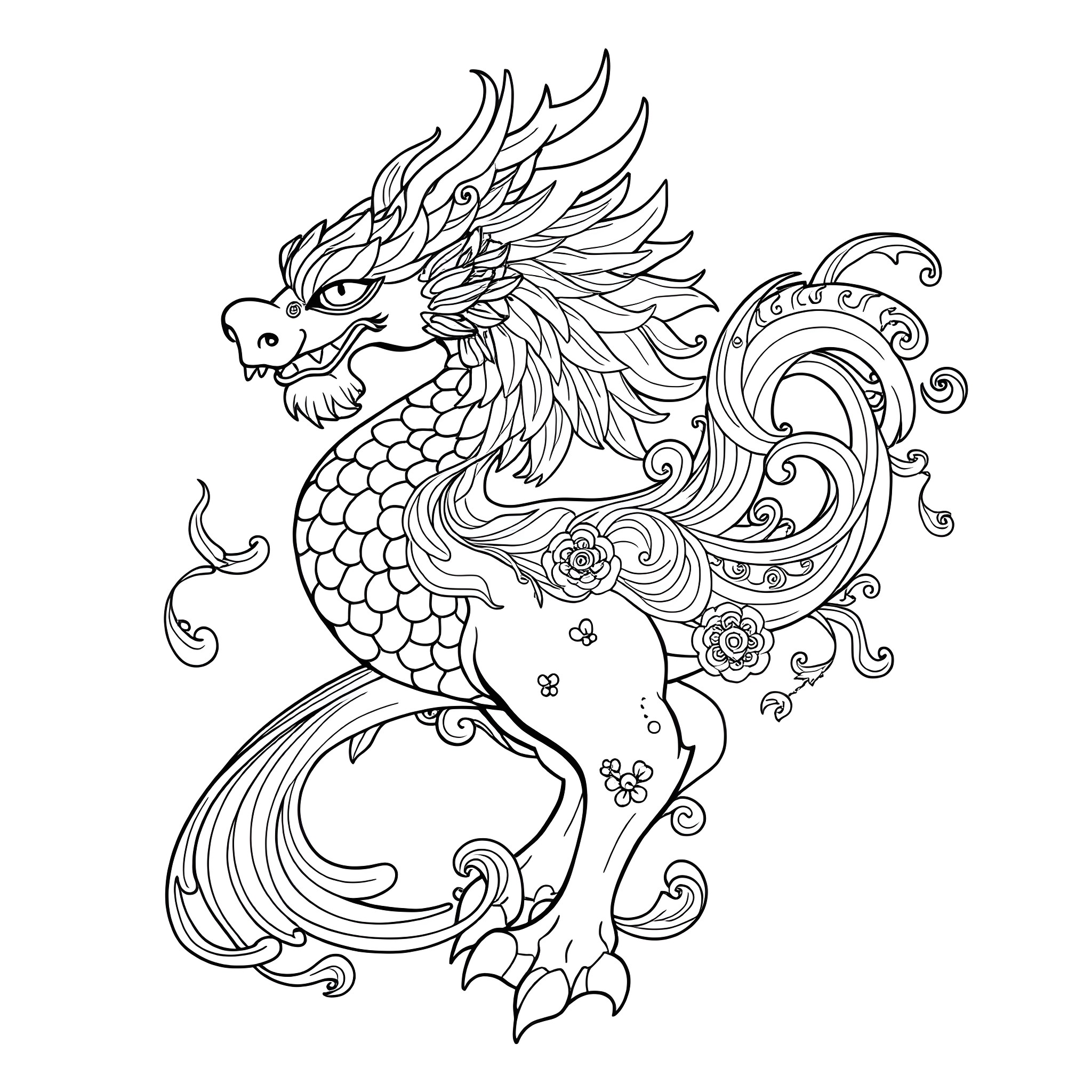 Mishipeshu, the Majestic Water Serpent Spirit Coloring Page (free black-and-white line drawing printable PDF for all, from beginners to advanced learners, including children, teens, adults, and seniors)
