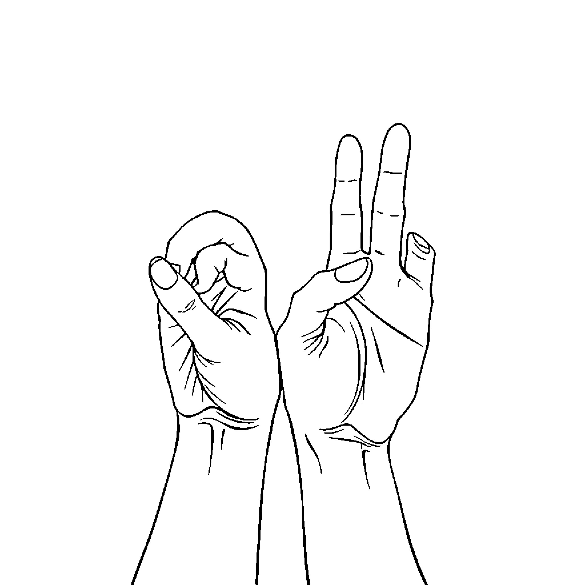 Hands Forming Peace Sign Coloring Page (free black-and-white line drawing printable PDF for all, from beginners to advanced learners, including children, teens, adults, and seniors)