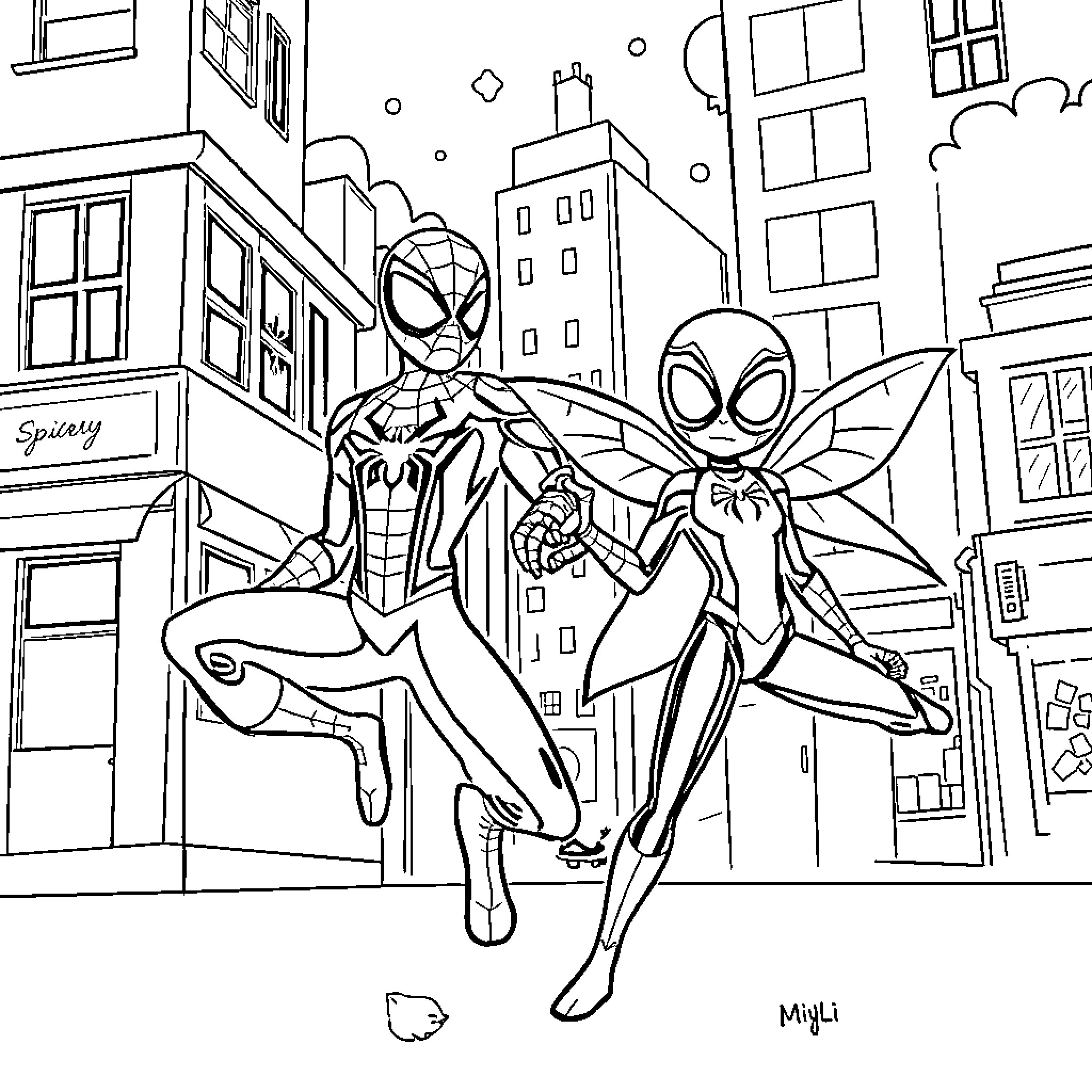 Spidey and Spider-Gwen swinging through the city Coloring Page (free black-and-white line drawing printable PDF for all, from beginners to advanced learners, including children, teens, adults, and seniors)
