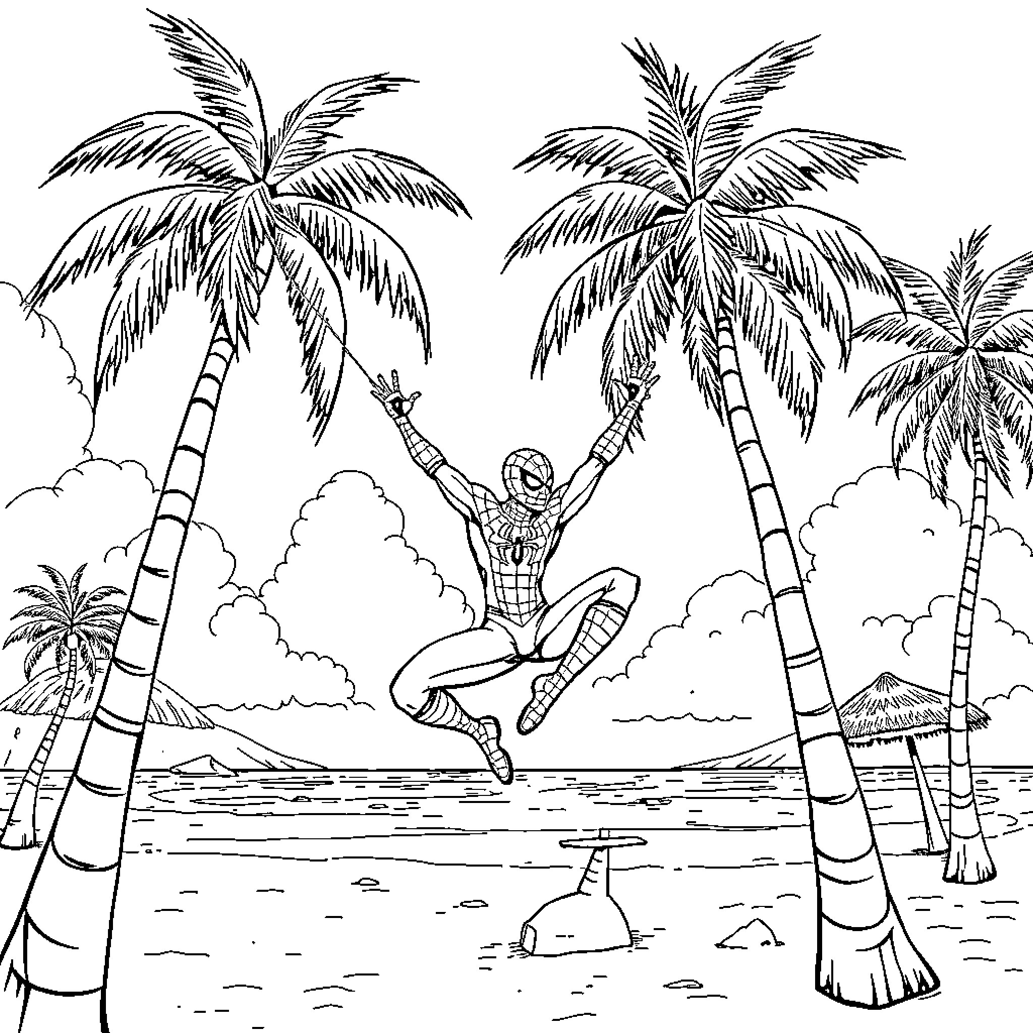 Spiderman swinging between palm trees on a tropical beach Coloring Page (free black-and-white line drawing printable PDF for all, from beginners to advanced learners, including children, teens, adults, and seniors)