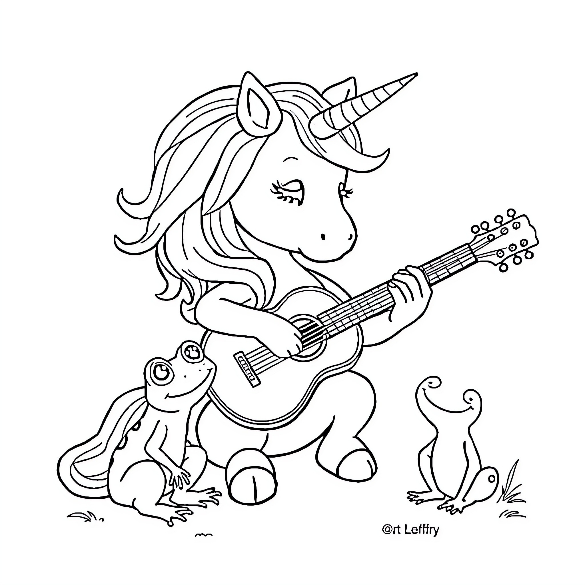 Unicorn playing guitar with animal friends Coloring Page (free black-and-white line drawing printable PDF for all, from beginners to advanced learners, including children, teens, adults, and seniors)