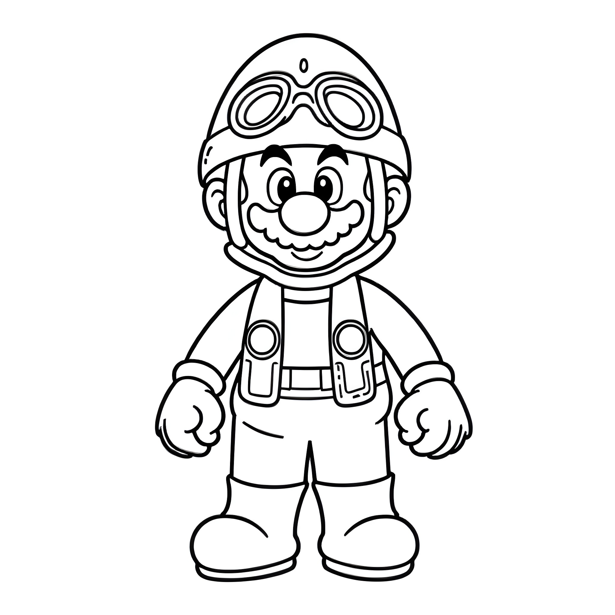 Super Mario in Aviator Outfit with Goggles Coloring Page (free black-and-white line drawing printable PDF for all, from beginners to advanced learners, including children, teens, adults, and seniors)