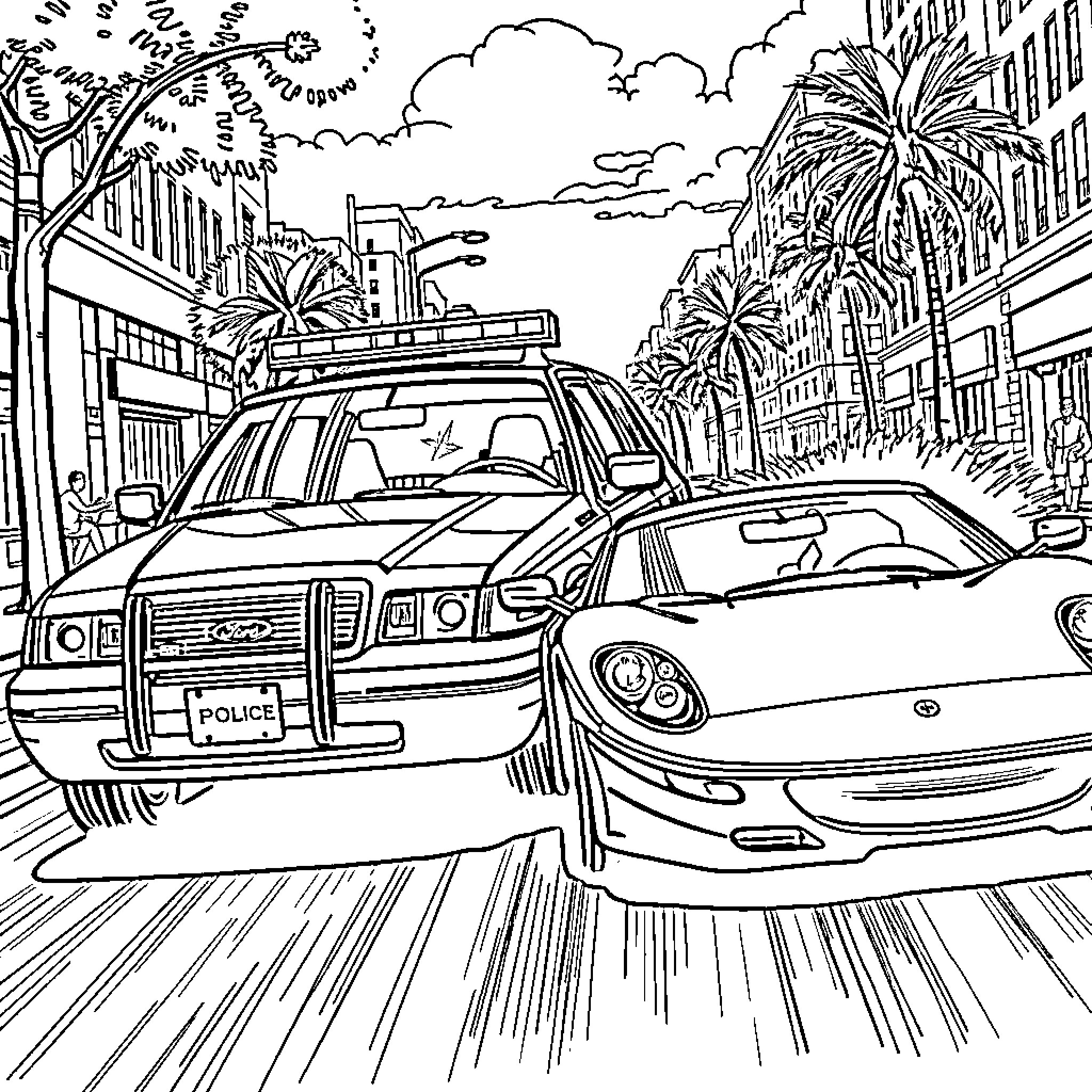 Ford police car chasing another vehicle in city Coloring Page (free black-and-white line drawing printable PDF for all, from beginners to advanced learners, including children, teens, adults, and seniors)