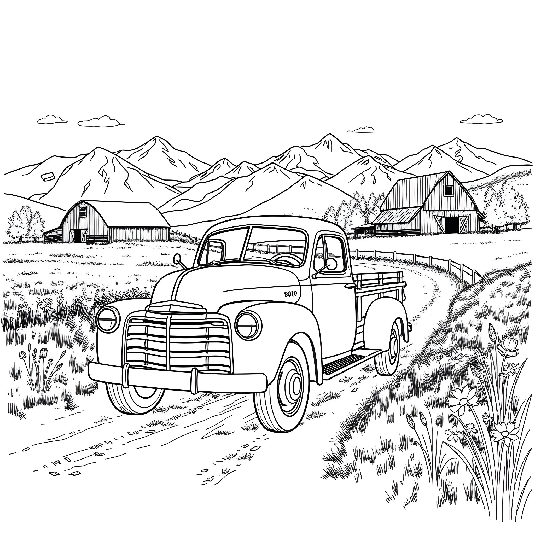Truck driving through rural countryside with mountains Coloring Page (free black-and-white line drawing printable PDF for all, from beginners to advanced learners, including children, teens, adults, and seniors)