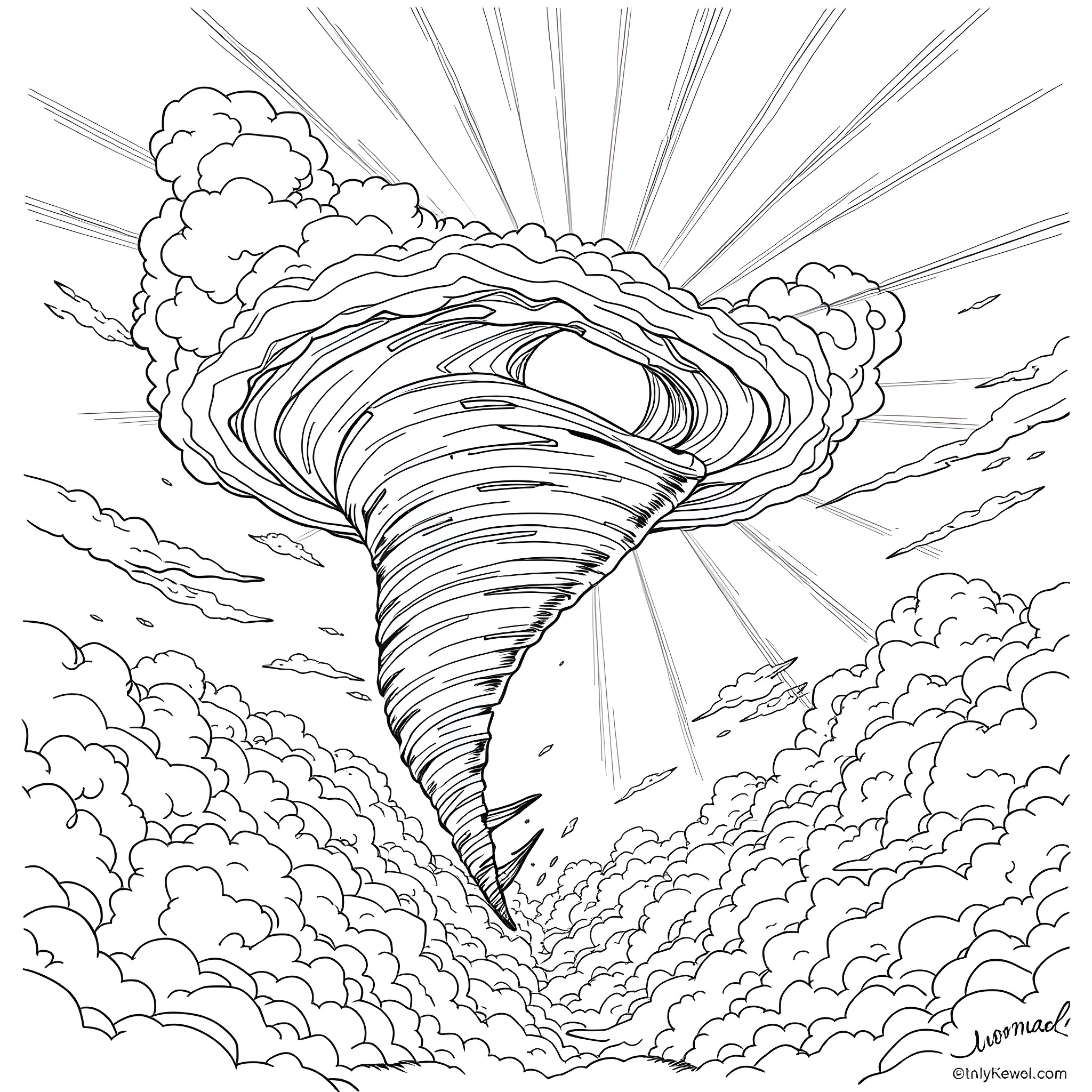 Tornado of powerful winds and swirling clouds Coloring Page (free black-and-white line drawing printable PDF for all, from beginners to advanced learners, including children, teens, adults, and seniors)