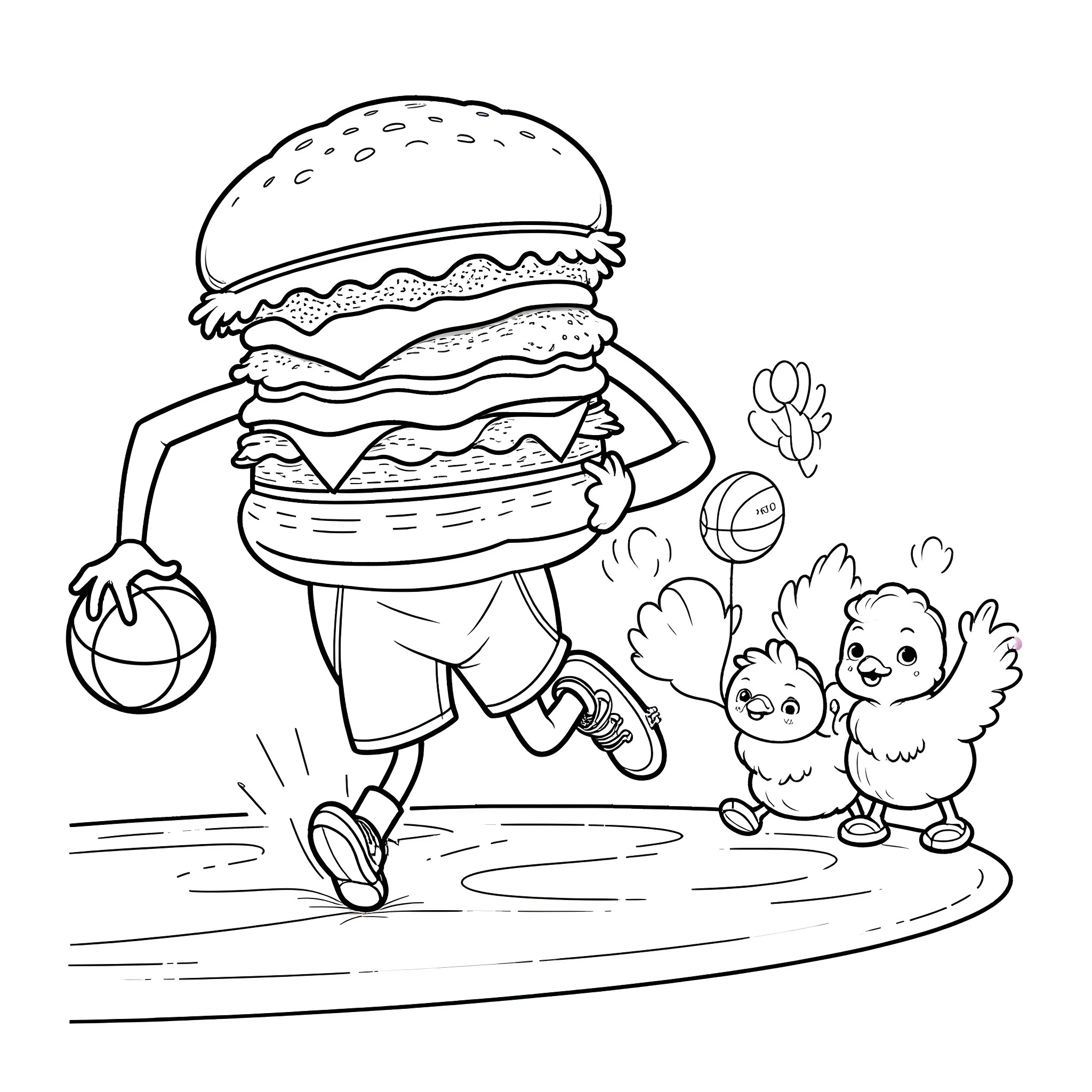 Hamburger-headed character running with pet chicks Coloring Page (free black-and-white line drawing printable PDF for all, from beginners to advanced learners, including children, teens, adults, and seniors)