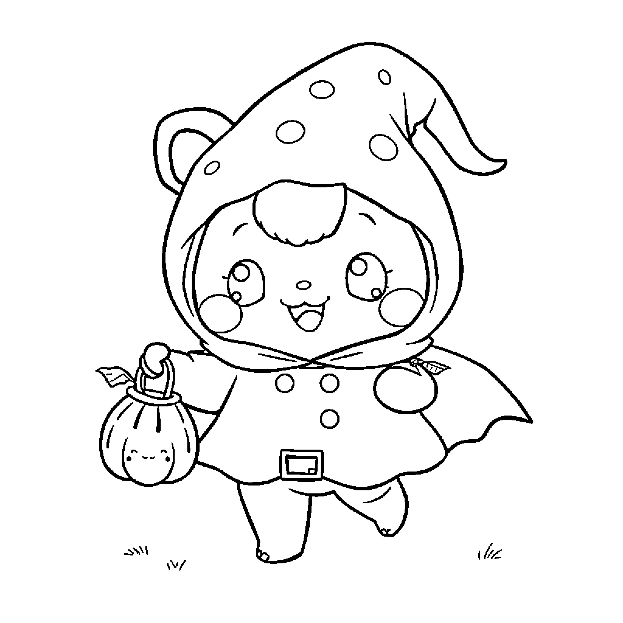 Pompompurin dressed as a trick-or-treater Coloring Page (free black-and-white line drawing printable PDF for all, from beginners to advanced learners, including children, teens, adults, and seniors)