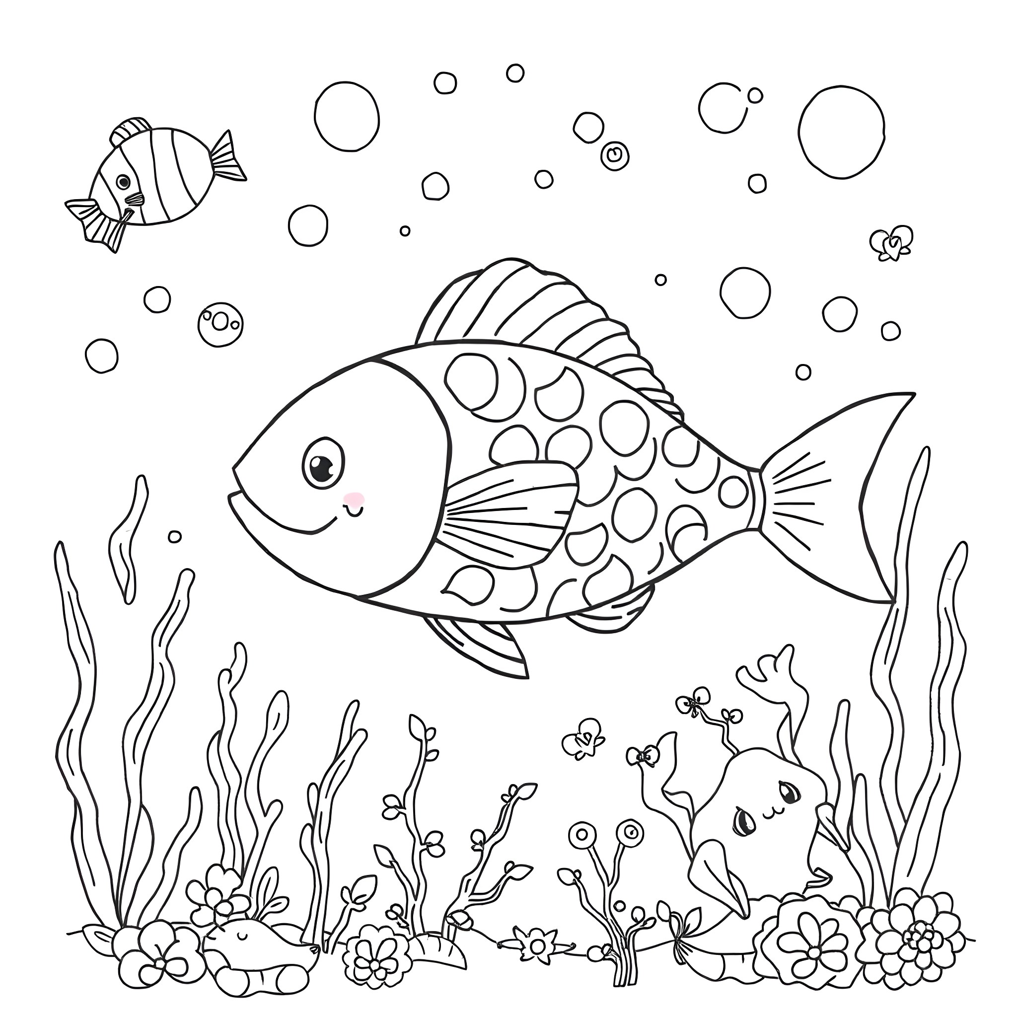 Fish swimming playfully in the underwater scene Coloring Page (free black-and-white line drawing printable PDF for all, from beginners to advanced learners, including children, teens, adults, and seniors)