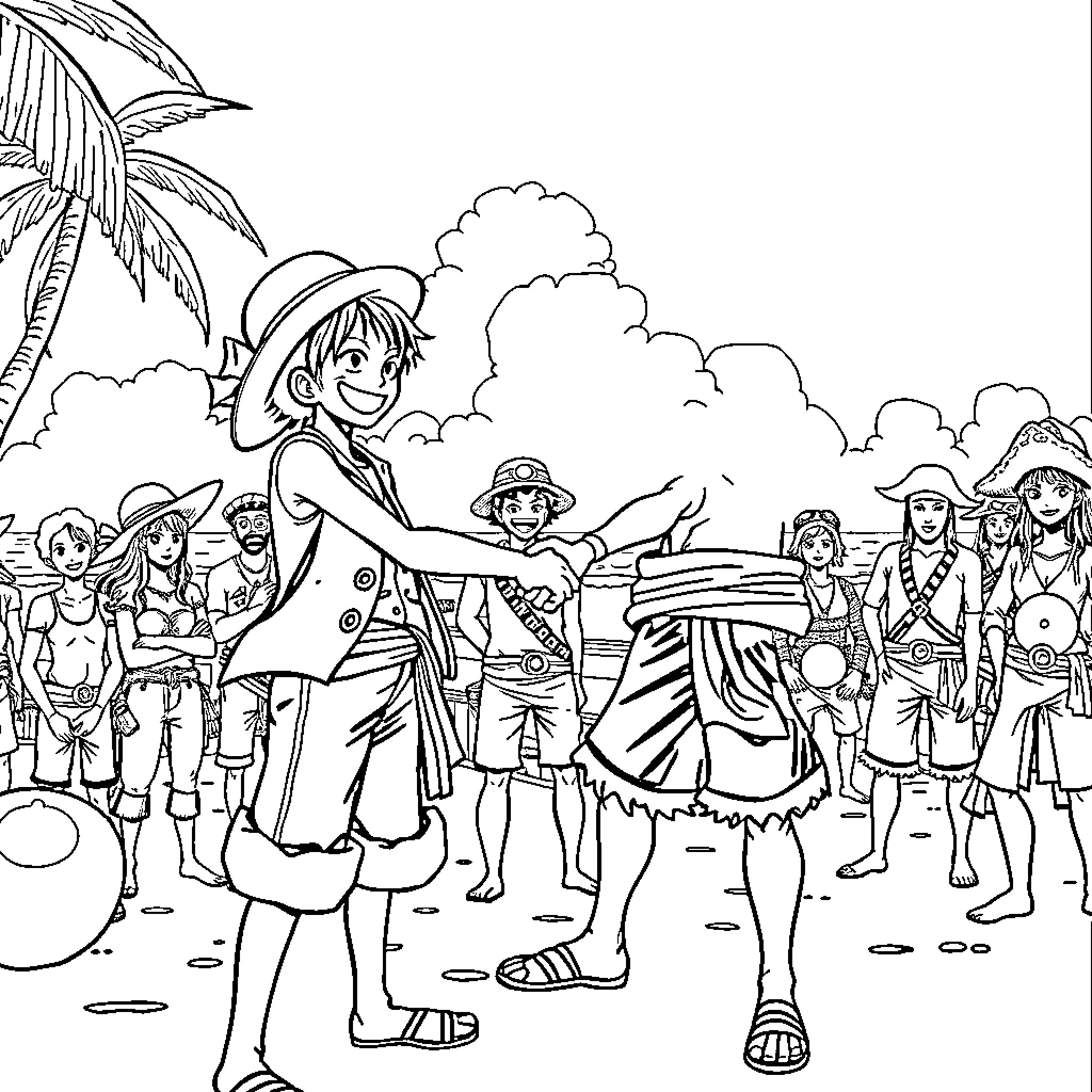 Luffy and his adventurous friends on a tropical excursion Coloring Page (free black-and-white line drawing printable PDF for all, from beginners to advanced learners, including children, teens, adults, and seniors)