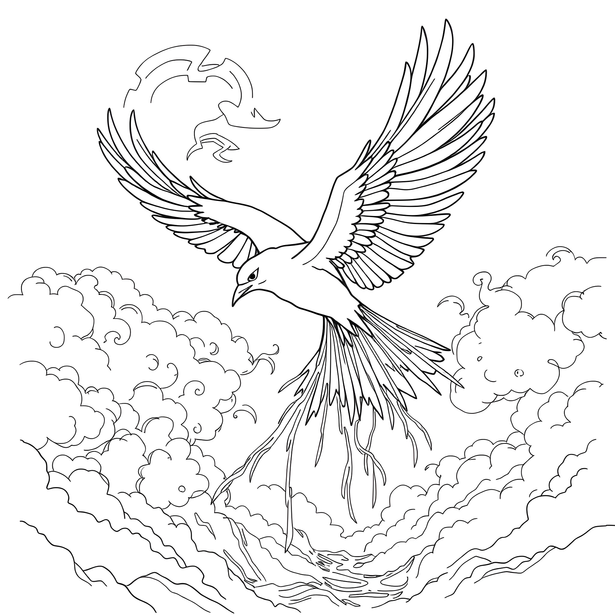 Thunderbird emerging from the clouds with majestic wings Coloring Page (free black-and-white line drawing printable PDF for all, from beginners to advanced learners, including children, teens, adults, and seniors)