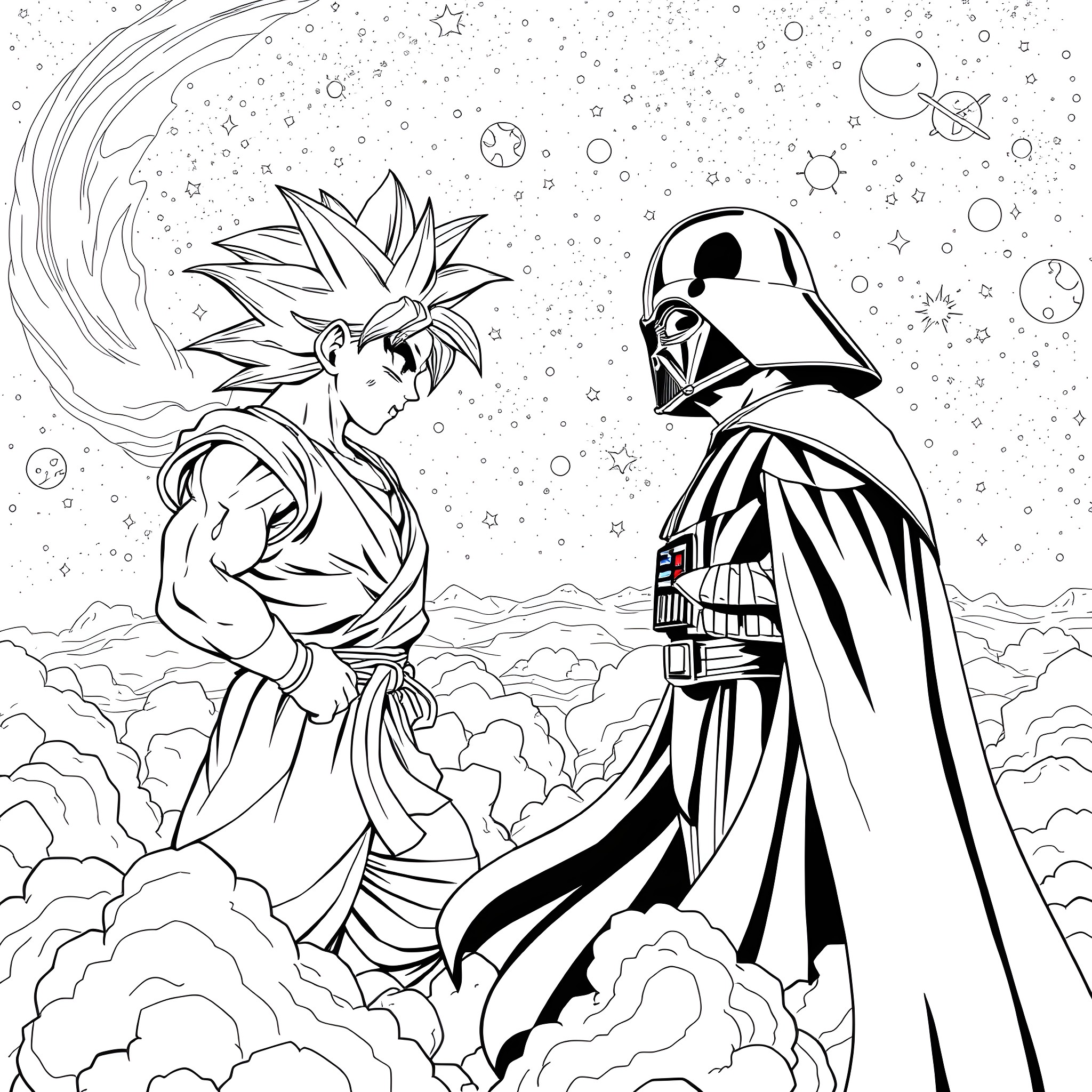 Goku and Darth Vader face off in a cosmic battle Coloring Page (free black-and-white line drawing printable PDF for all, from beginners to advanced learners, including children, teens, adults, and seniors)