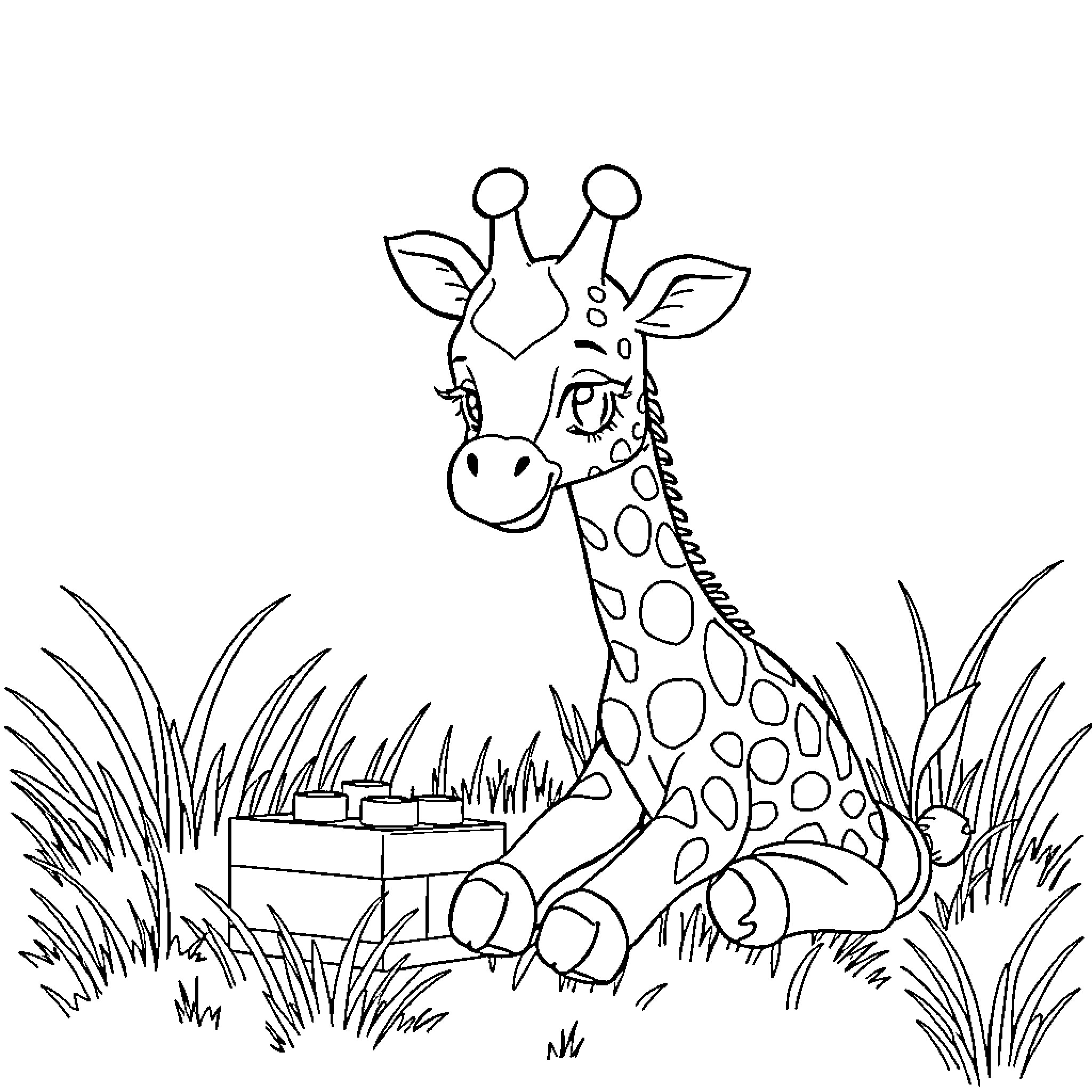 Giraffe resting in grassy field Coloring Page (free black-and-white line drawing printable PDF for all, from beginners to advanced learners, including children, teens, adults, and seniors)