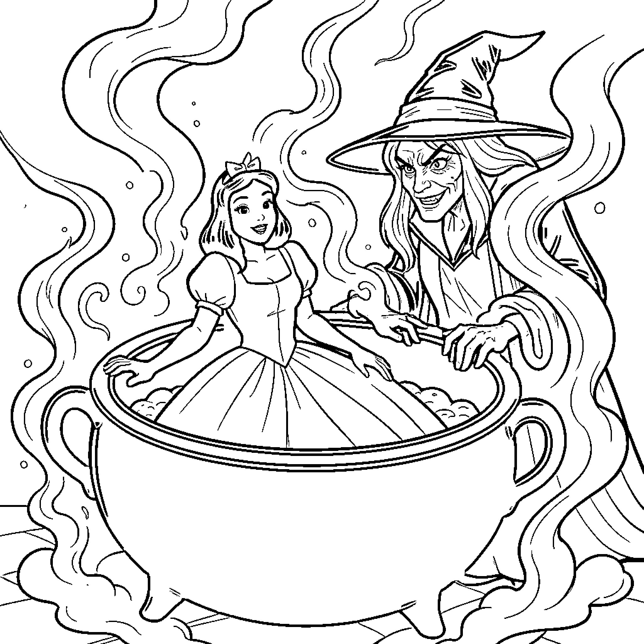 Snow White in a cauldron with a wicked witch Coloring Page (free black-and-white line drawing printable PDF for all, from beginners to advanced learners, including children, teens, adults, and seniors)