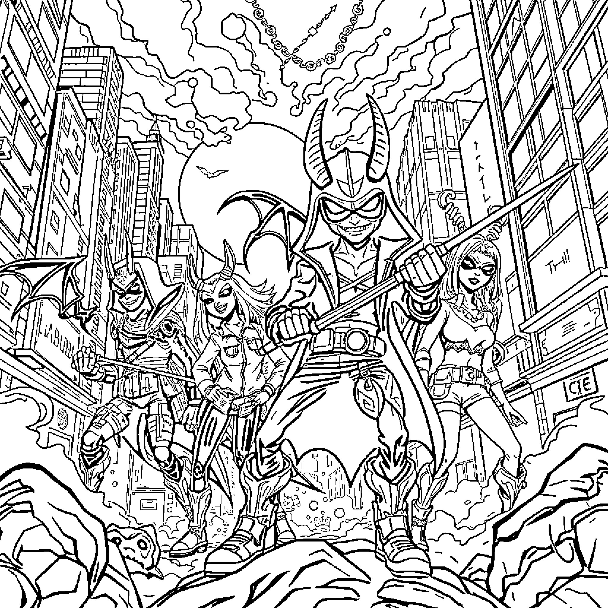 Labubu's Superhero Squad in Action Coloring Page (free black-and-white line drawing printable PDF for all, from beginners to advanced learners, including children, teens, adults, and seniors)
