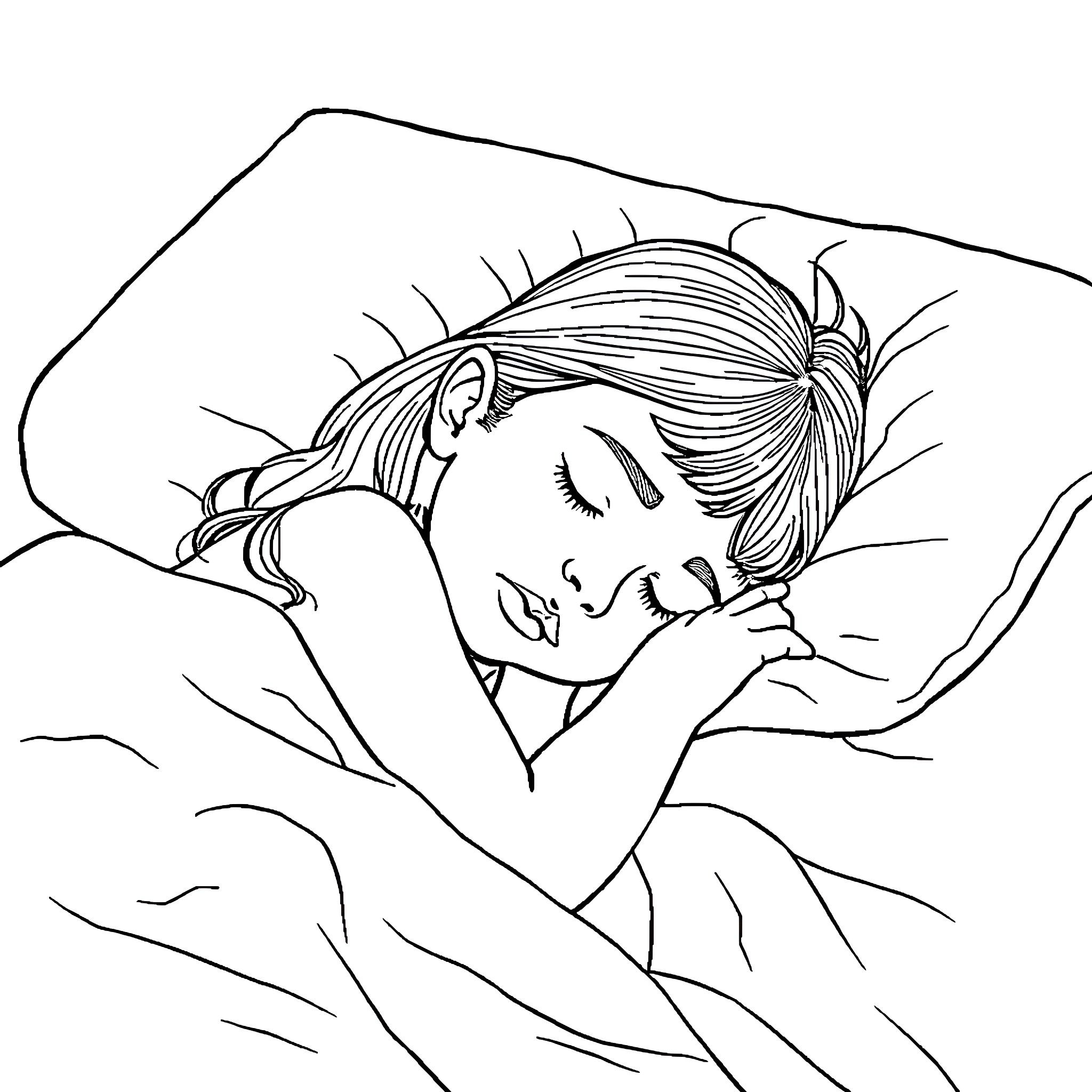 Girl resting peacefully in her bed Coloring Page (free black-and-white line drawing printable PDF for all, from beginners to advanced learners, including children, teens, adults, and seniors)