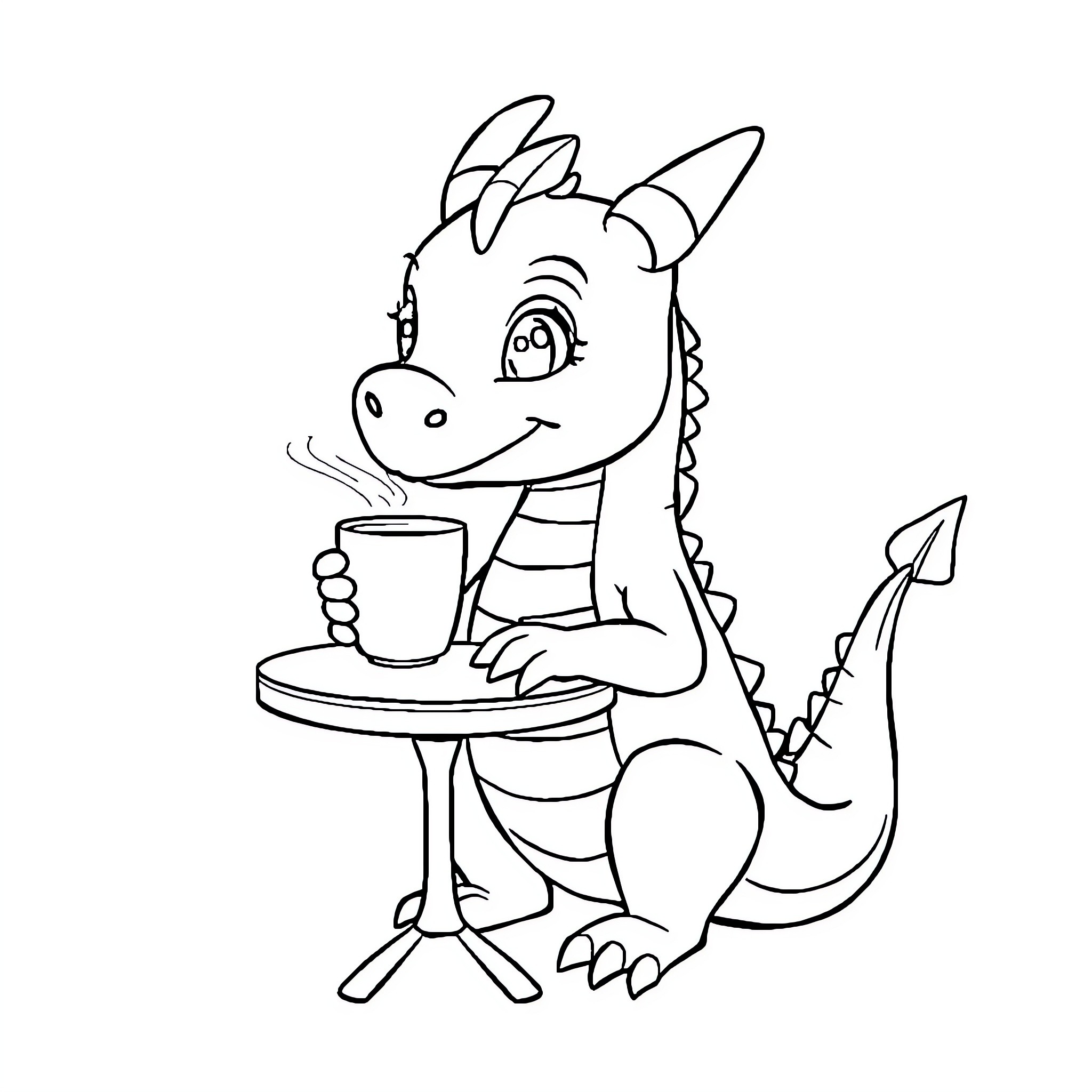 Dragon enjoying a cup of coffee Coloring Page (free black-and-white line drawing printable PDF for all, from beginners to advanced learners, including children, teens, adults, and seniors)