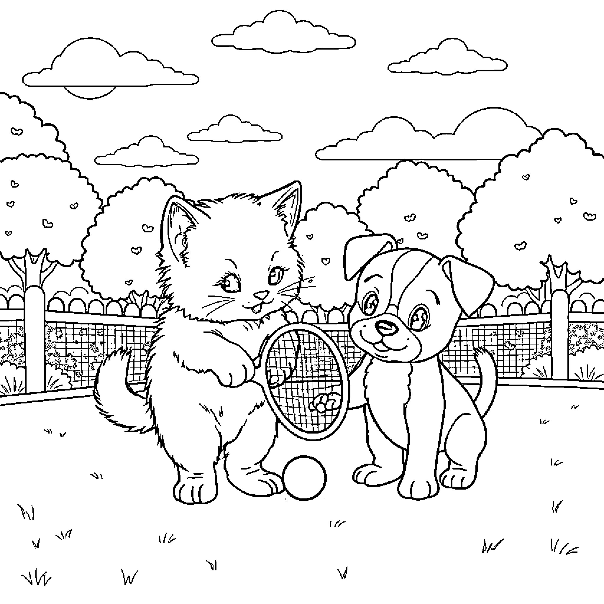 Kitten and puppy playing together outdoors Coloring Page (free black-and-white line drawing printable PDF for all, from beginners to advanced learners, including children, teens, adults, and seniors)
