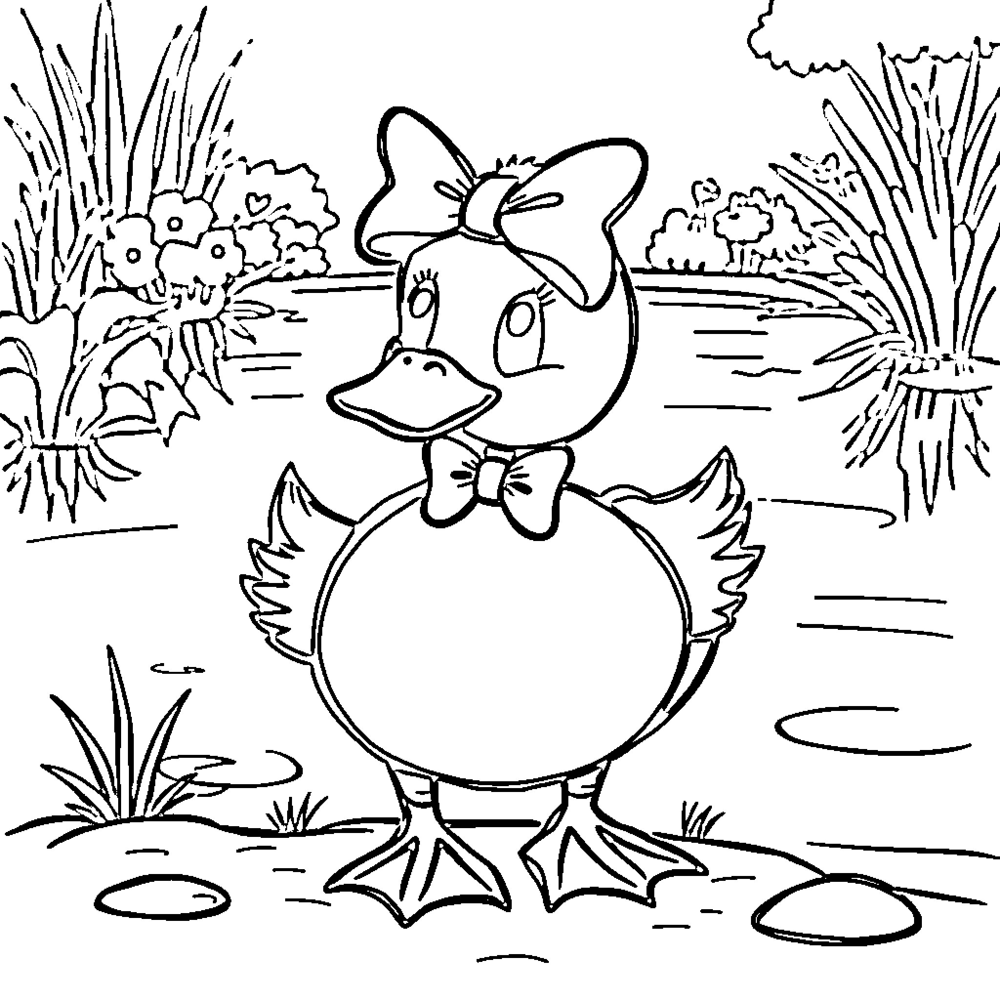 Duck dressed in a bow and standing in a pond Coloring Page (free black-and-white line drawing printable PDF for all, from beginners to advanced learners, including children, teens, adults, and seniors)