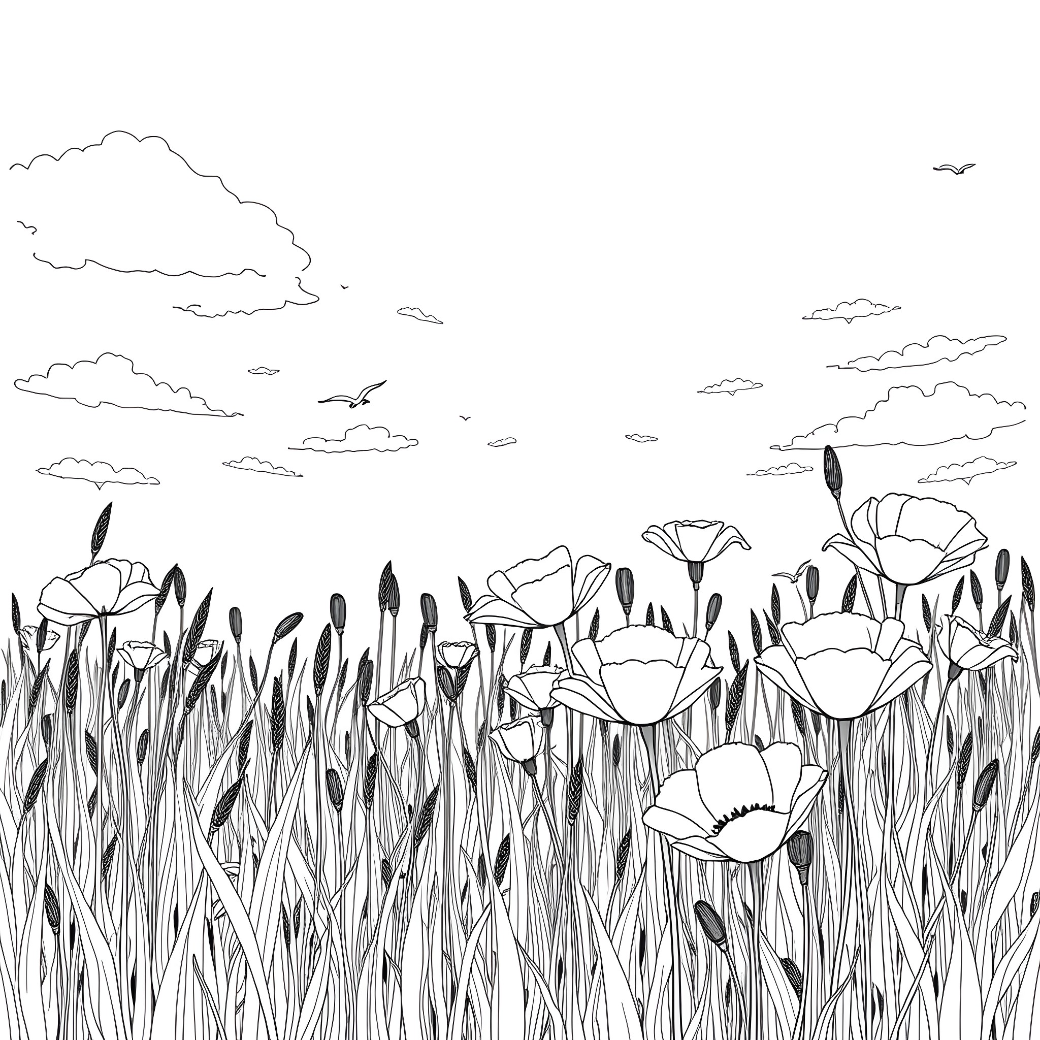 Poppy field with clouds and birds Coloring Page (free black-and-white line drawing printable PDF for all, from beginners to advanced learners, including children, teens, adults, and seniors)