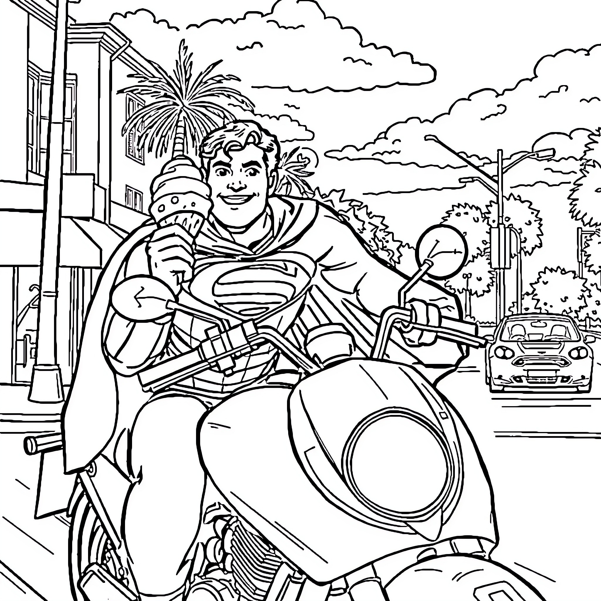 Superman riding a motorcycle through the city Coloring Page (free black-and-white line drawing printable PDF for all, from beginners to advanced learners, including children, teens, adults, and seniors)