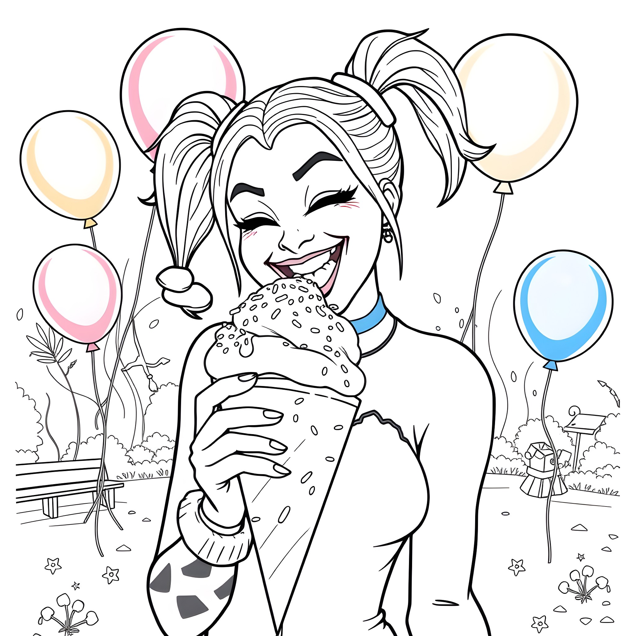 Harley Quinn enjoying a festive treat with balloons Coloring Page (free black-and-white line drawing printable PDF for all, from beginners to advanced learners, including children, teens, adults, and seniors)